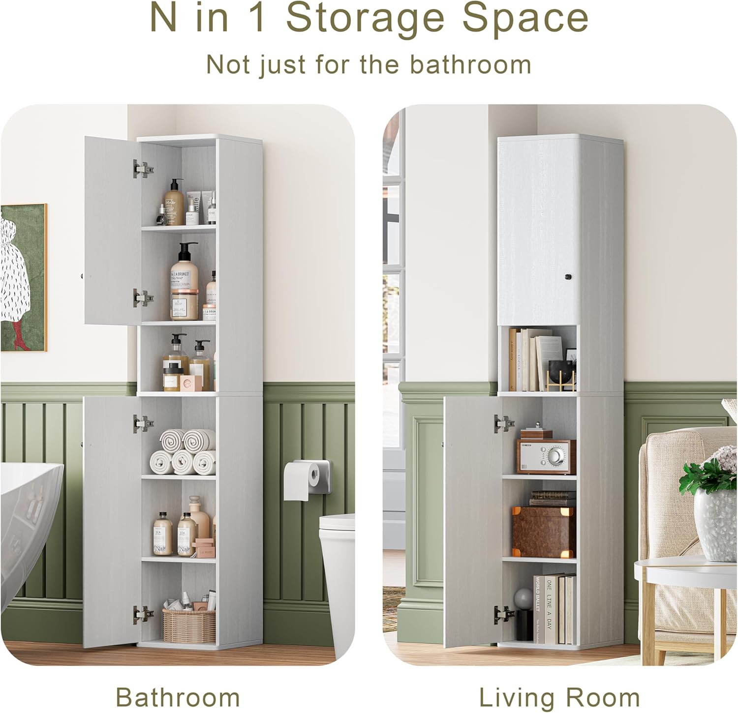 64" Narrow Bathroom Storage Cabinet with Adjustable Shelves and Drawer | 6-Tier Tall Slim Storage Cabinet, Anti-Tip Kit Included