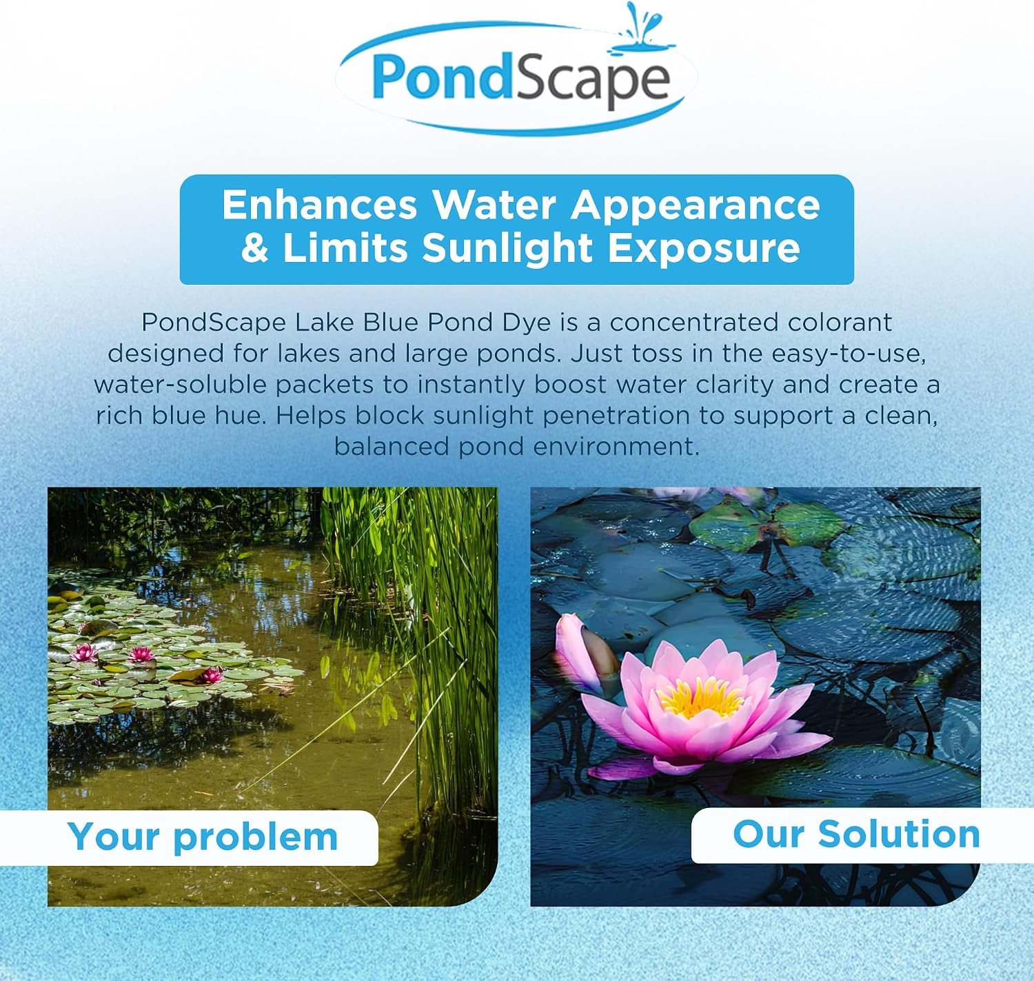 PONDSCAPE Lake Blue Pond Dye – Each Water Soluble Packets Treats 1/3 Acre, 3'-6' Deep - for Ponds