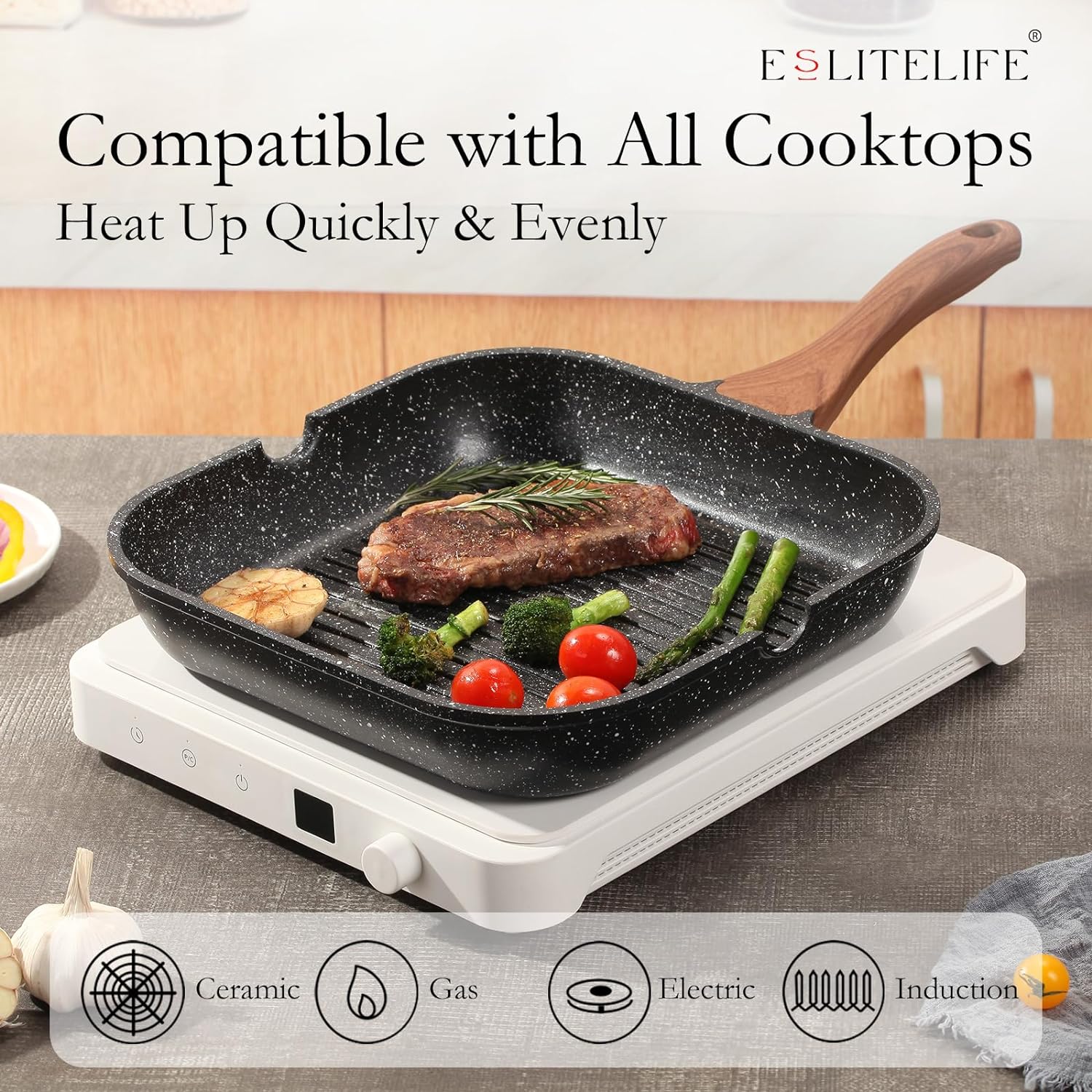 ESLITE LIFE Nonstick Grill Pan for Stove Tops, Versatile Griddle with Pour Spouts