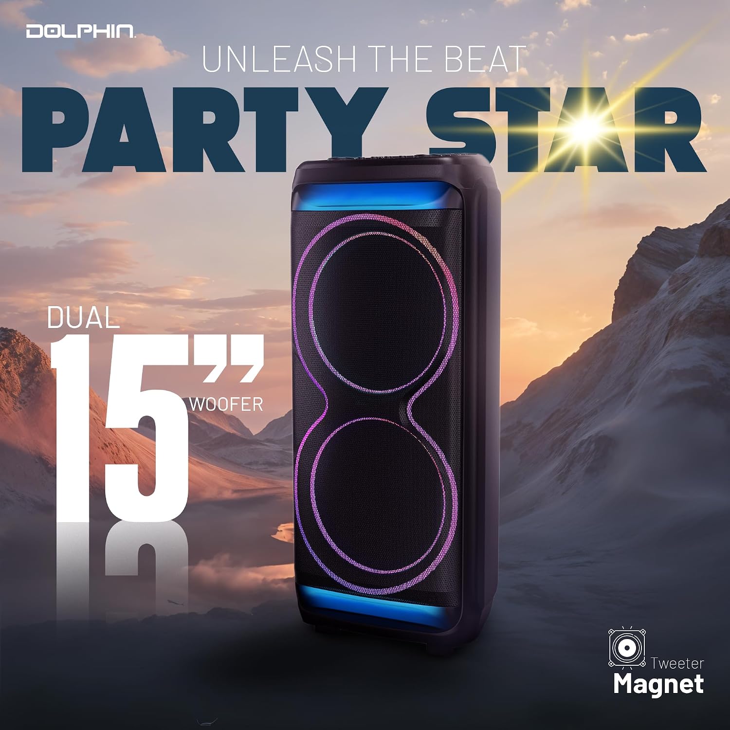 Dolphin Bluetooth Party Speaker with UHF Wireless Microphone, Dual 15" | 100W RMS, X-BASS, WaveSync TWS, LED Lights, USB, TF/SD, AUX, FM