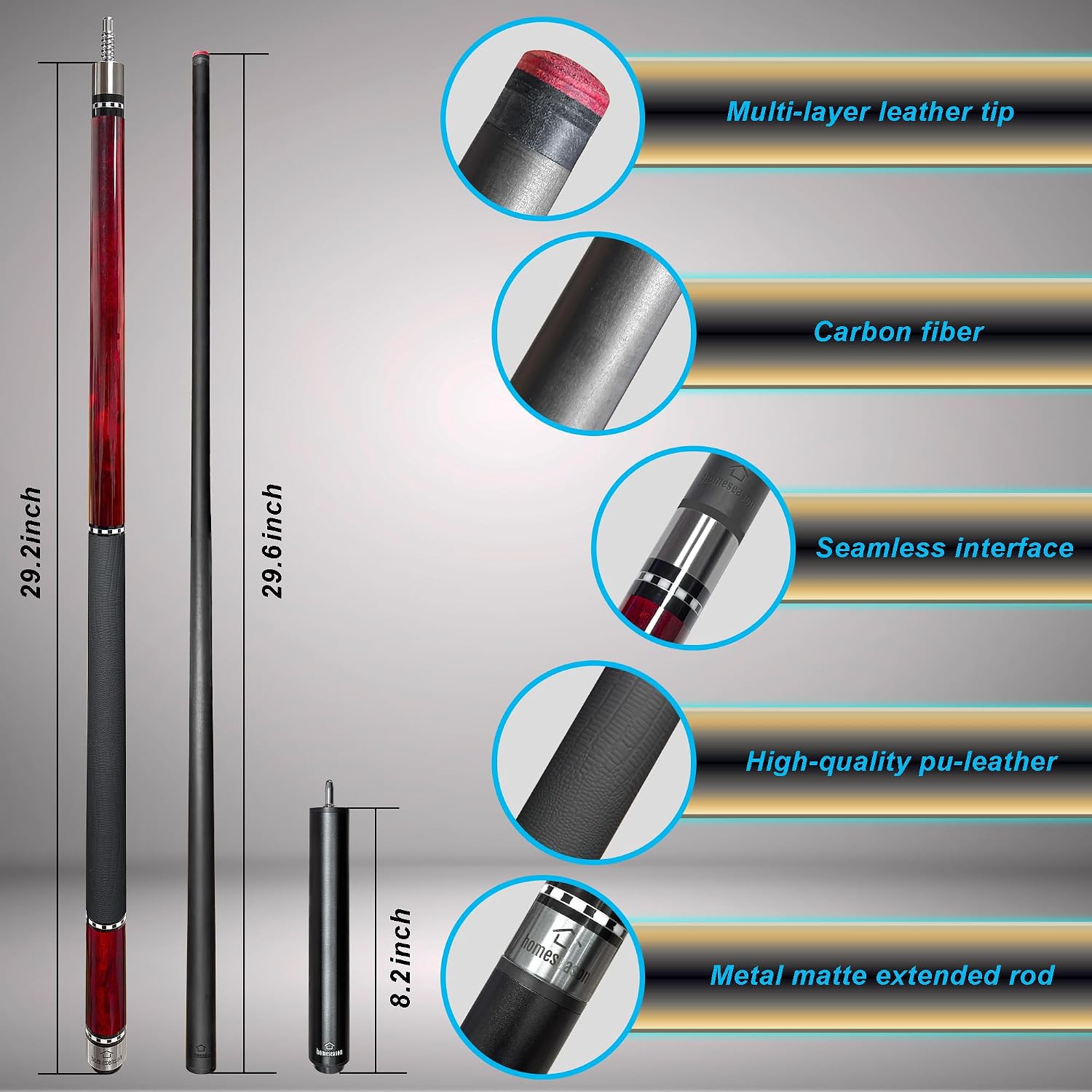 HomeSeason 58inch Carbon Fiber Pool Cue Stick with Screw-in Extension and Leather Case, 18oz Low Deflection Professional Cue Stick for Billiards, 13mm Tip