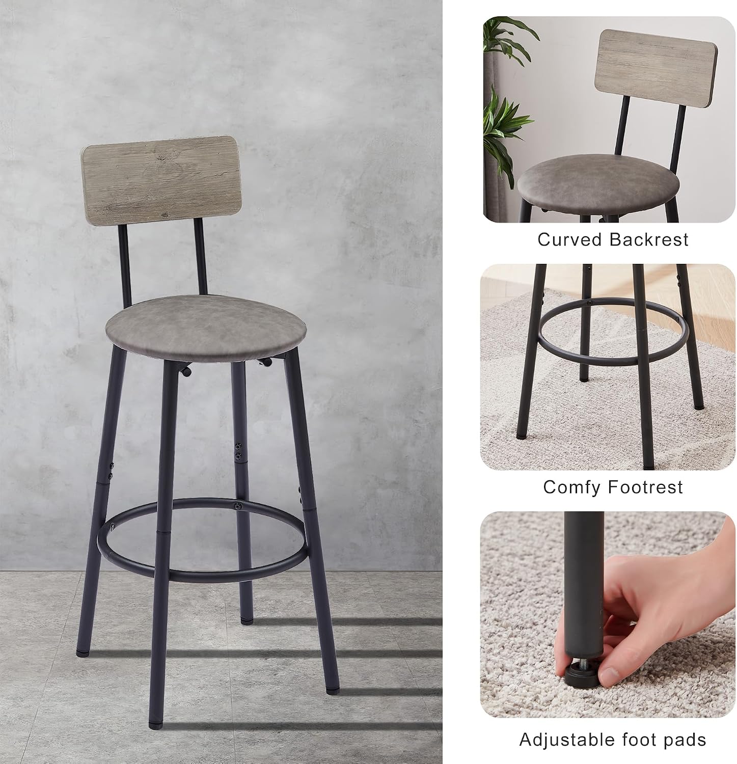 Bar Table Set with 4 Bar stools PU Soft seat with backrest, Grey, 47.24'' L x 23.62'' W x 35.43'' H