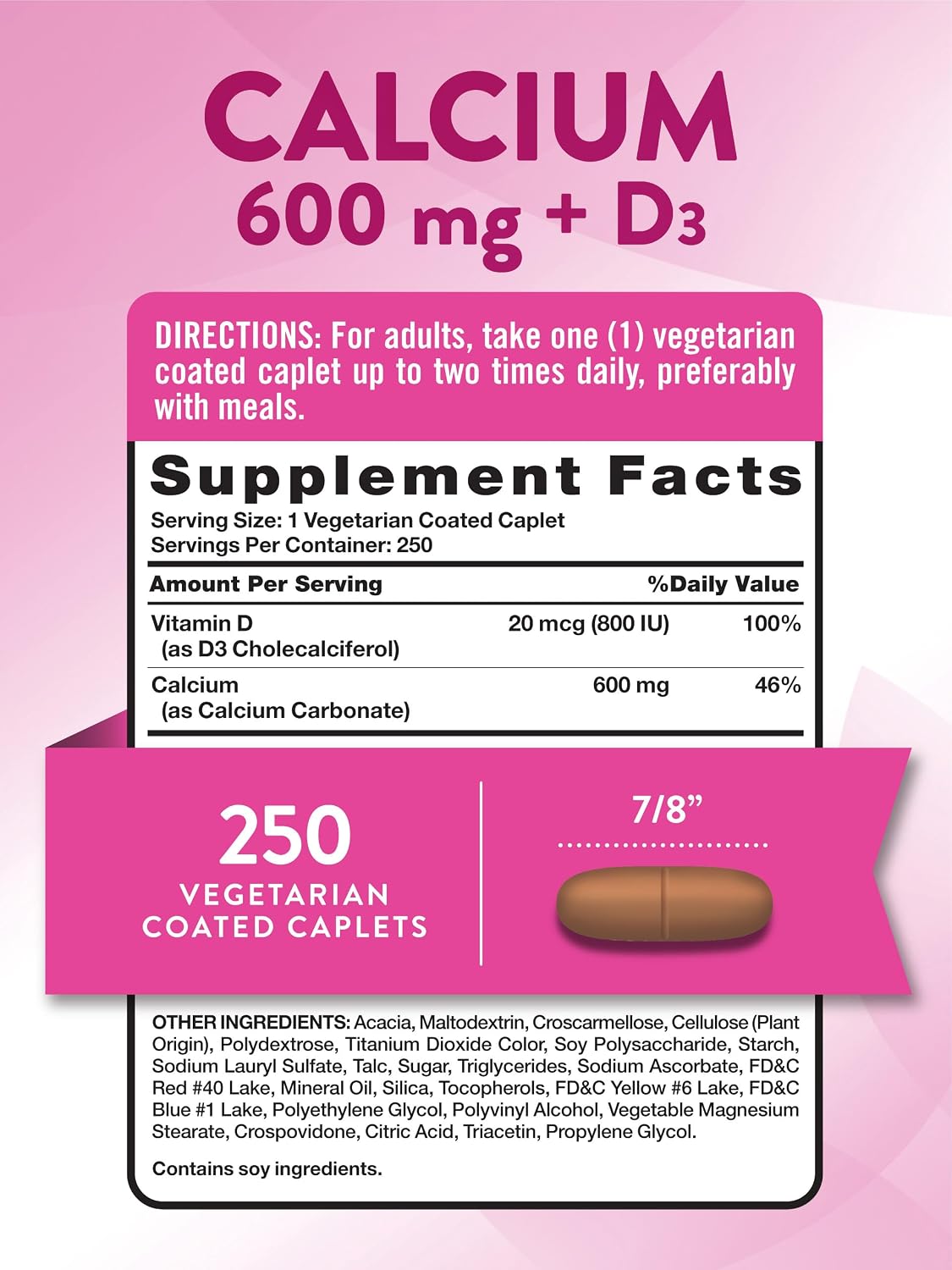 Nature's Truth Calcium 600mg with Vitamin D3 | 250 Caplets | Calcium Carbonate | Vegetarian