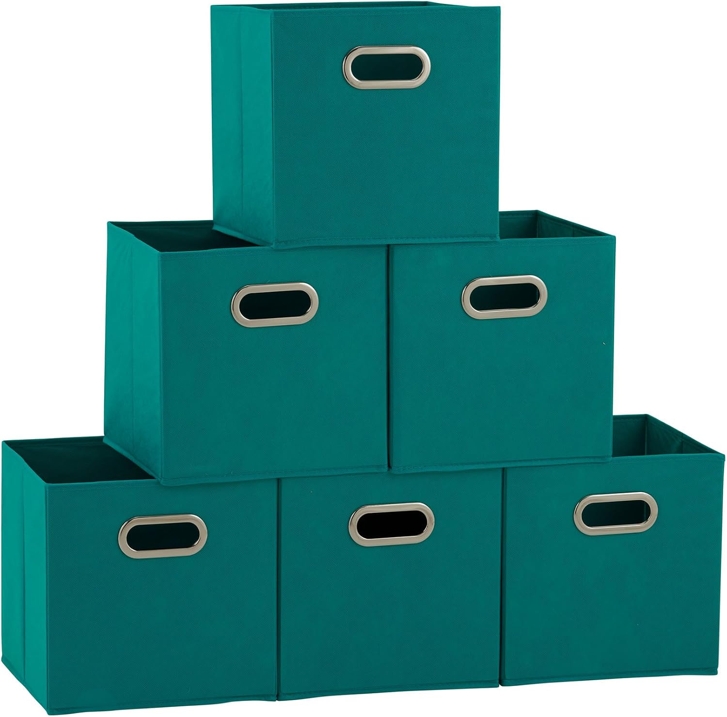 Household Essentials Fabric Storage Bins 6 Piece Set, Strong Poly-Woven Fabric, Sturdy Chipboard Sides, Grommet Front Handle, Stackable and Foldable, Classic Design, Navy