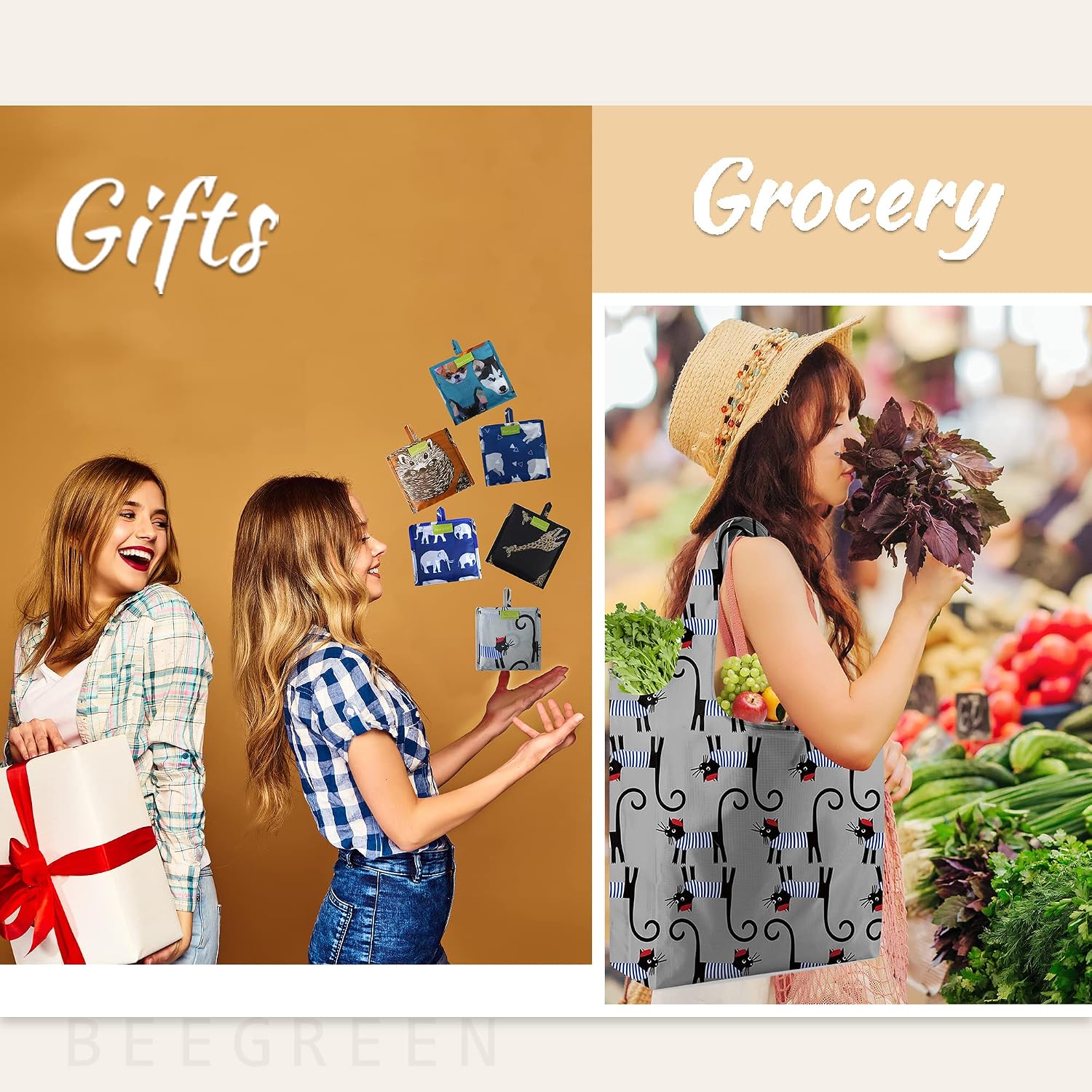 BeeGreen Grocery Bags | Reusable Gift Bags, Large Tote for Women & Foldable Beach Bag - 6 Pack Reusable Bag With Handles | Collapsible Cute Cloth Storage for Market, Holiday & Shopping | Washable​