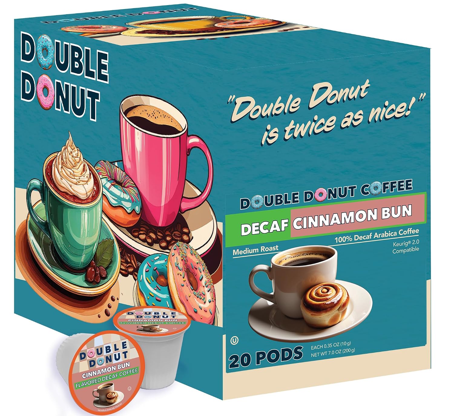 Double Donut Coffee Double Donut Medium Roast Decaf Coffee Pods, Classic, for Keurig K-Cup Machines, 24 Single-Serve Capsules per Box
