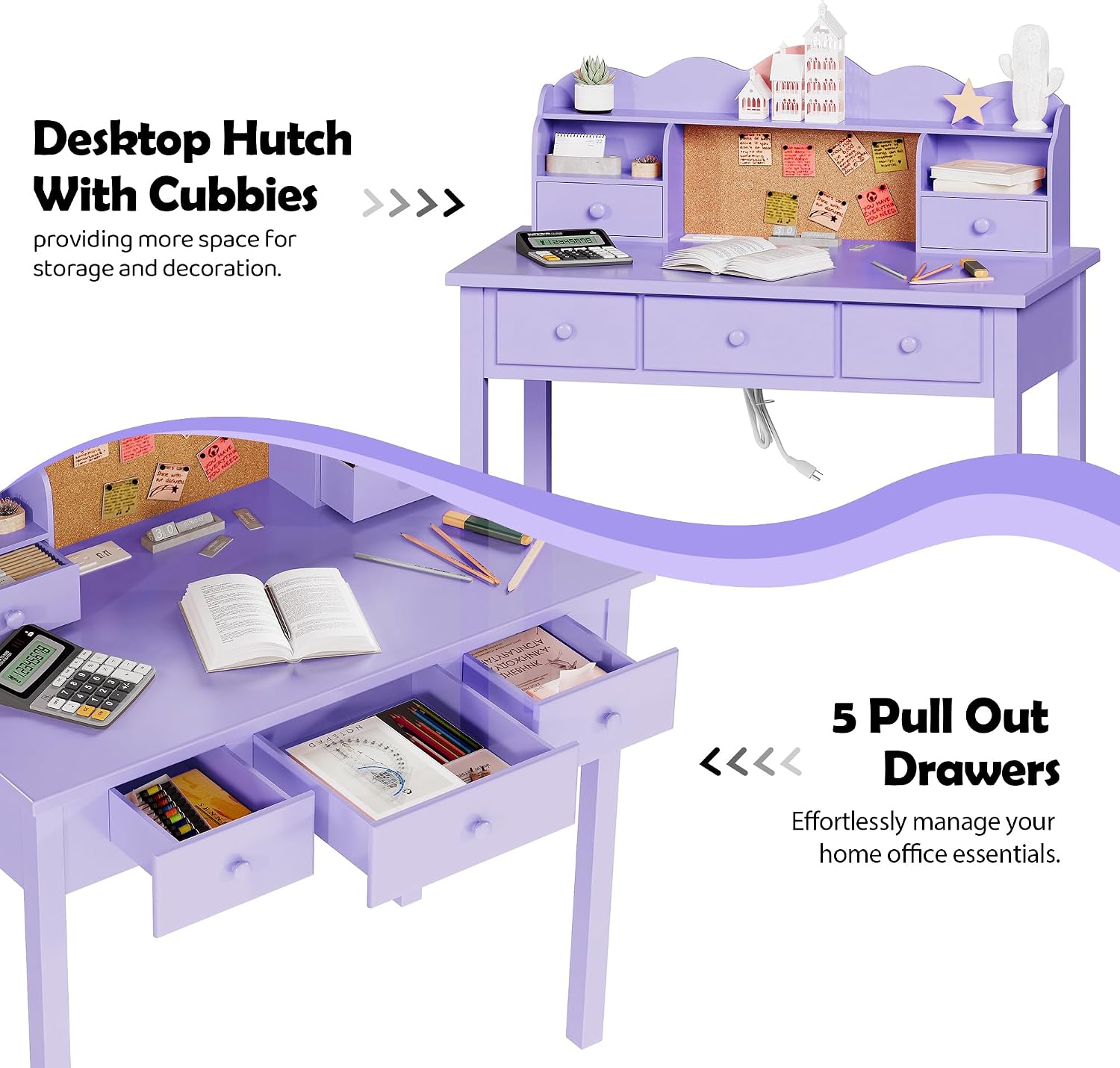 FUNKOCO Writing Desk with Hutch, 40" Small White Desk for Girls, 5 Drawers