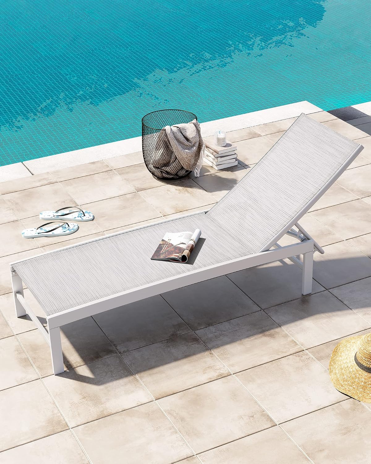 Crestlive Products Outdoor Pool Lounge Chairs Set of 2 with Side Table, Adjustable Five-Position Recliner for Beach, Pool, Sunbathing, Lawn