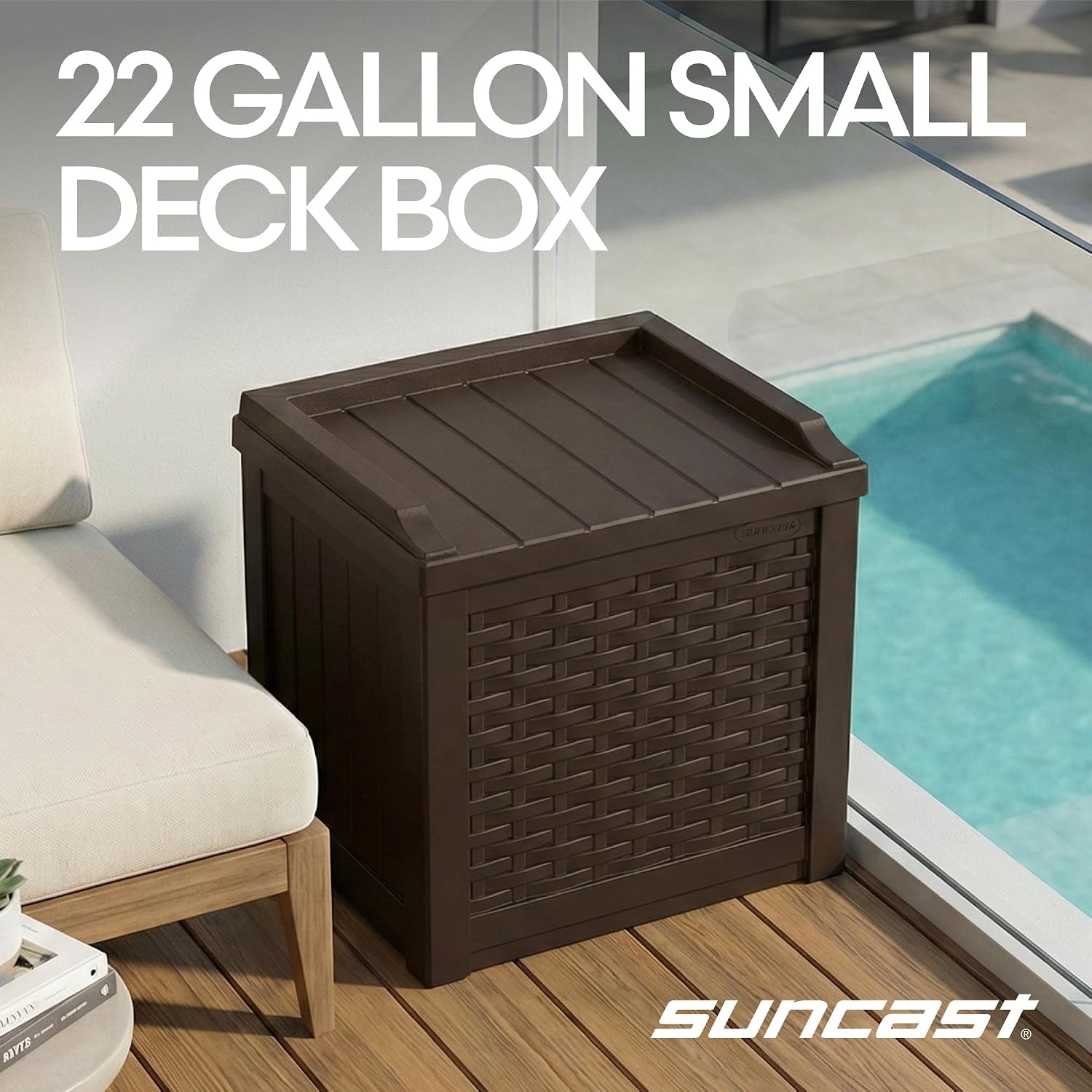 Suncast Outdoor Deck Box - 22 Gallon Java Resin Outdoor Storage Box, Weatherproof Patio Storage Bin Container for Seating & Organizing Cushions