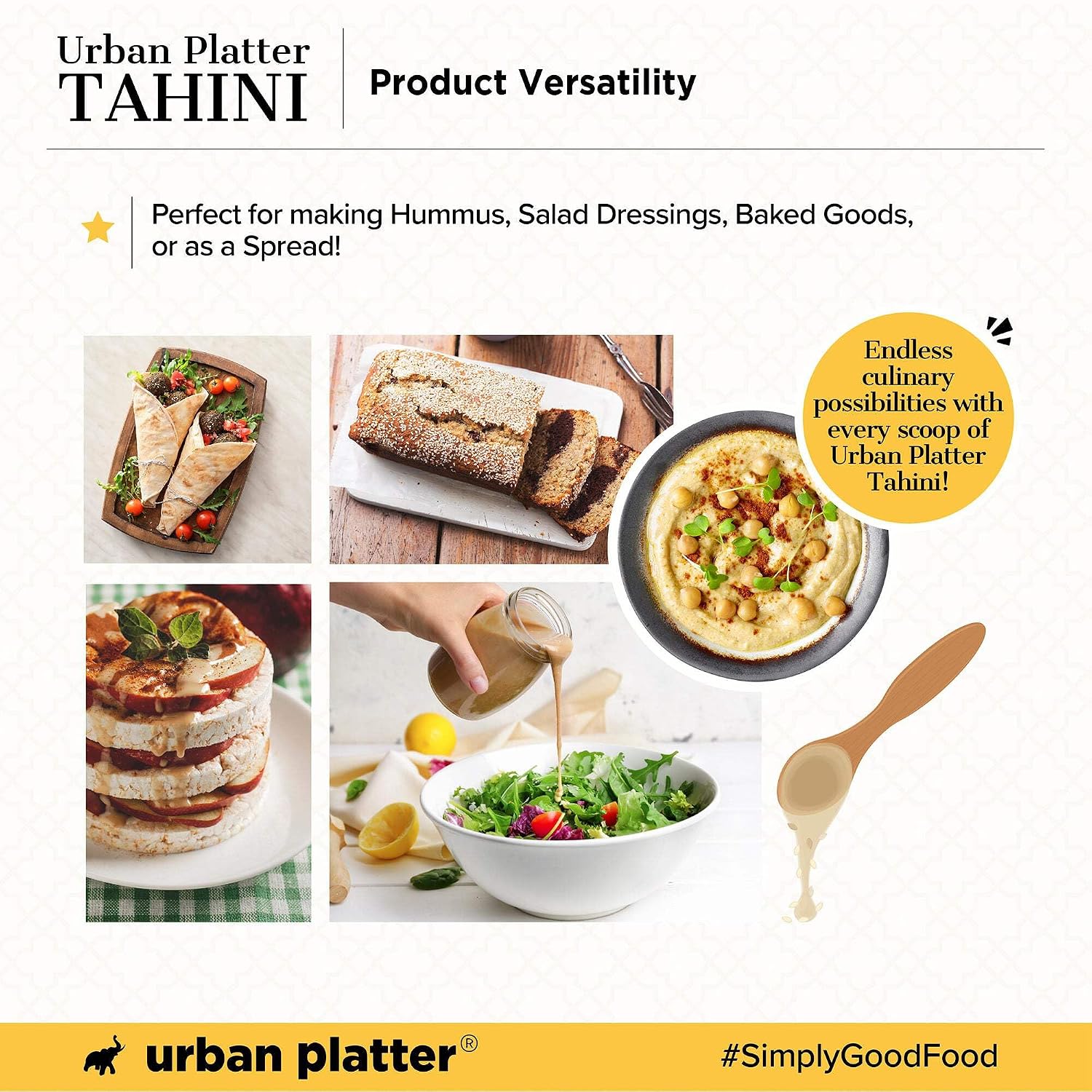 Urban Platter White Tahini Paste | 17.64 Oz (500g) | Creamy & Smooth Sesame Seed Paste | Ideal for Hummus, Salad Dressings, Sauce