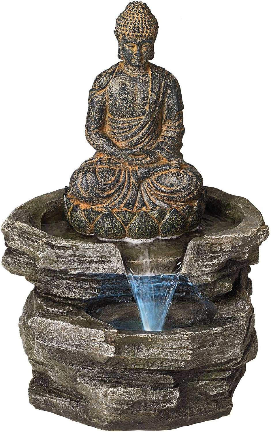 Meditating Buddha 24" High Outdoor Indoor Large Bubbler Fountain with Light | Zen Asian Decor Resin Floor LED Standing Water Feature for Outside Garden Patio Yard Backyard Porch Deck