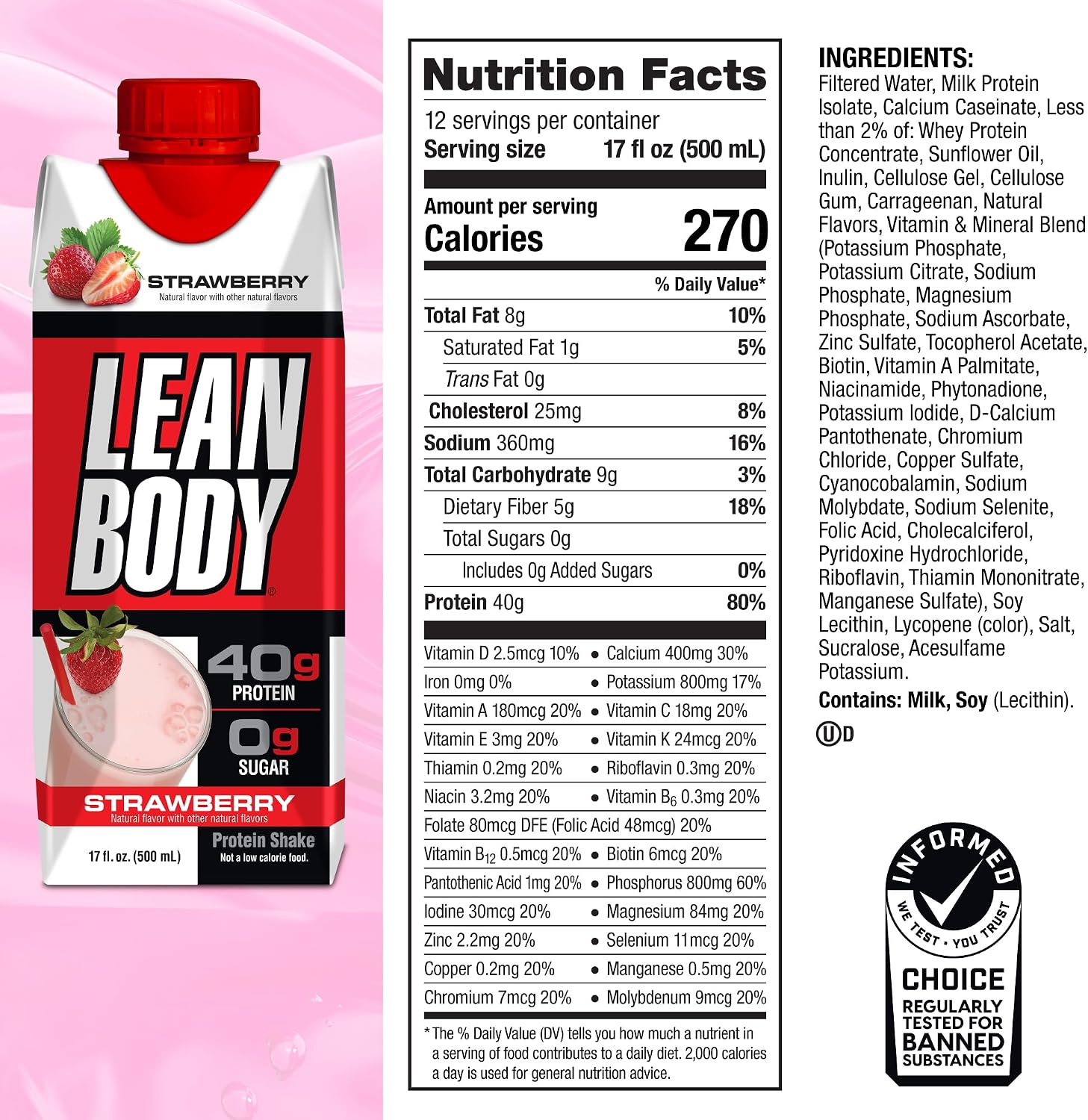 Labrada Lean Body Ready-to-Drink Chocolate Protein Shake, 40g Protein, Whey Blend, 0 Sugar, Gluten Free, 22 Vitamins & Minerals, LABRADA, 17 Fl Oz (Pack of 12)