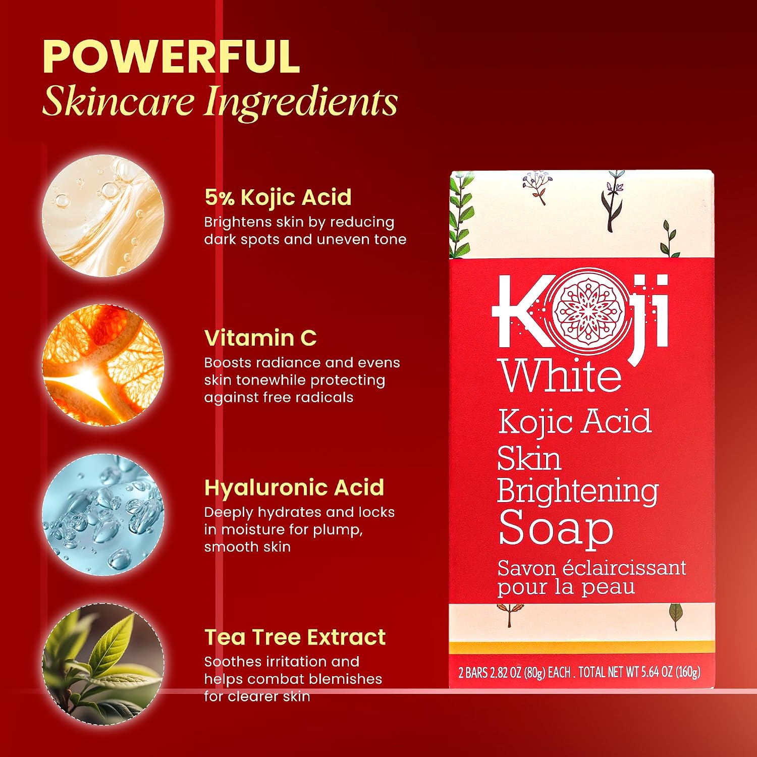 Koji White Pure Kojic Acid Soap | Glycerin Soap Bar for Gentle Skin Brightening and Exfoliation with Tea Tree, Coconut Oil