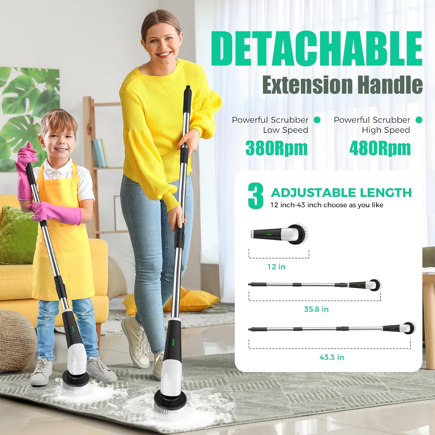YKYI Electric Spin Scrubber, Cordless Power Cleaning Brush with Long Handle | 8 Brush Heads, 3 Handle Lengths, 2 Speeds, IPX7 Waterproof