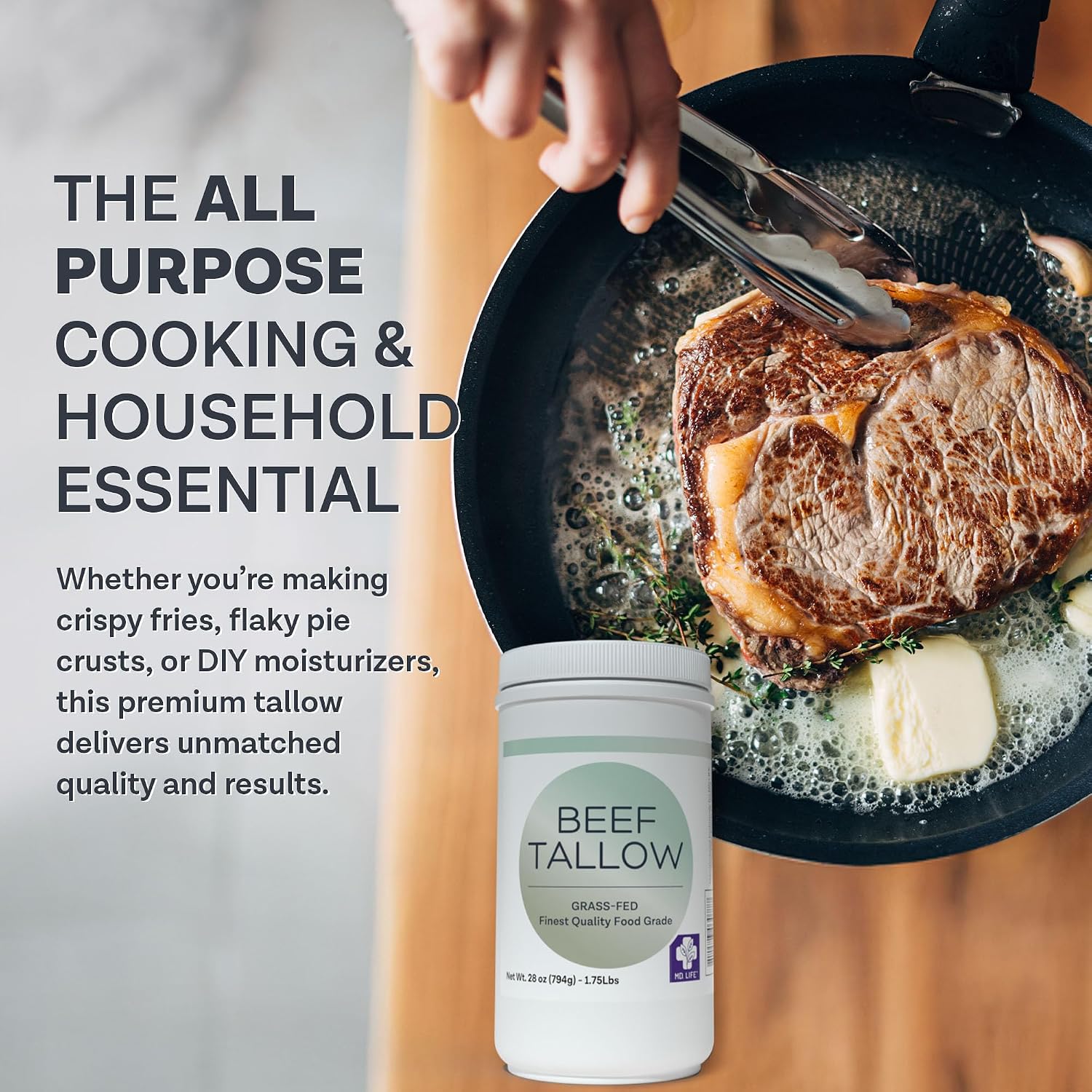 MD. Life Beef Tallow for Cooking - Food Grade Grass Fed Beef Tallow for Cooking Oil Replacement - 28 Ounce - Pasture Raised Keto Friendly Beef Tallow- Used to Make Candles & Soap
