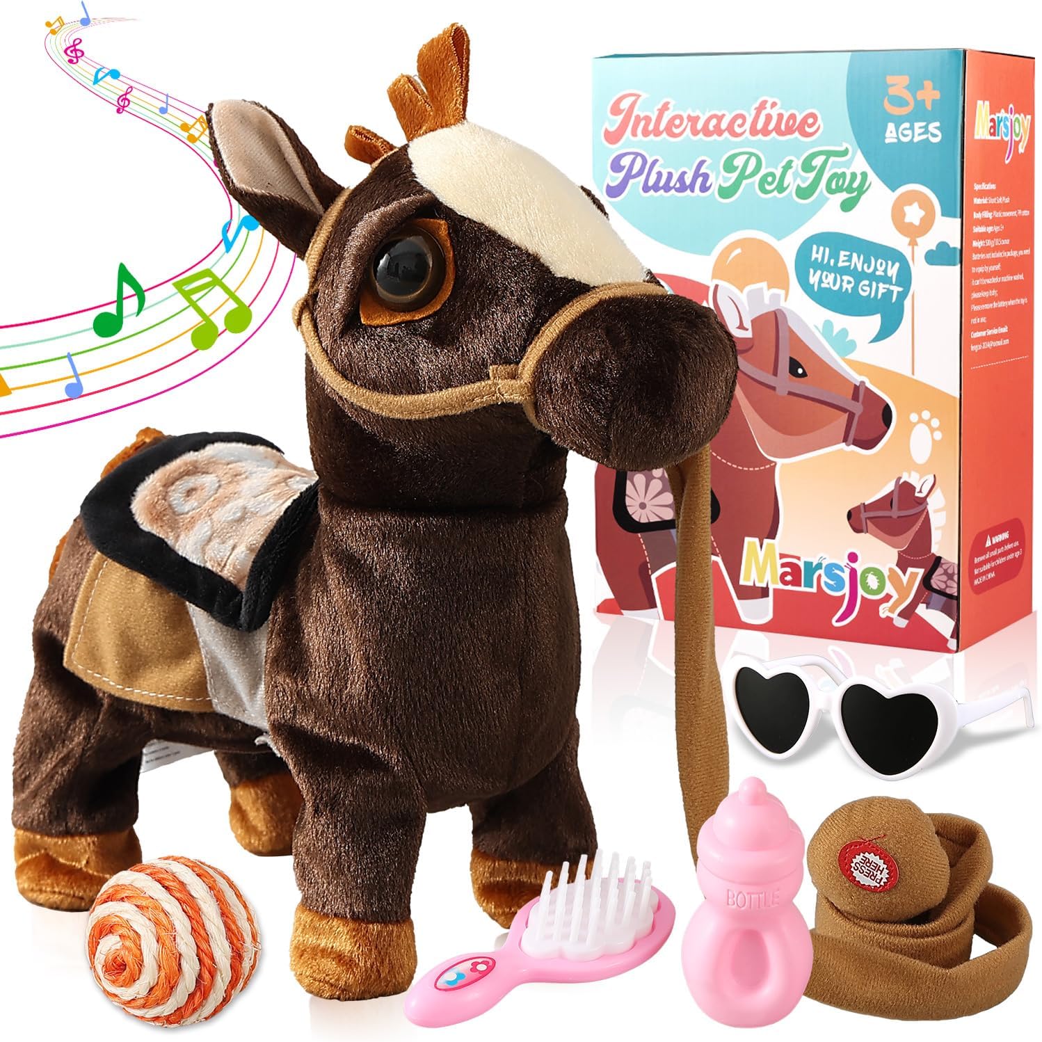 Marsjoy Walking Pony Toy Musical Singing Dancing Plush Interactive Pony Walk Along Horse with Leash Plush Stuffed Animal Shaking Head Buttocks Toy