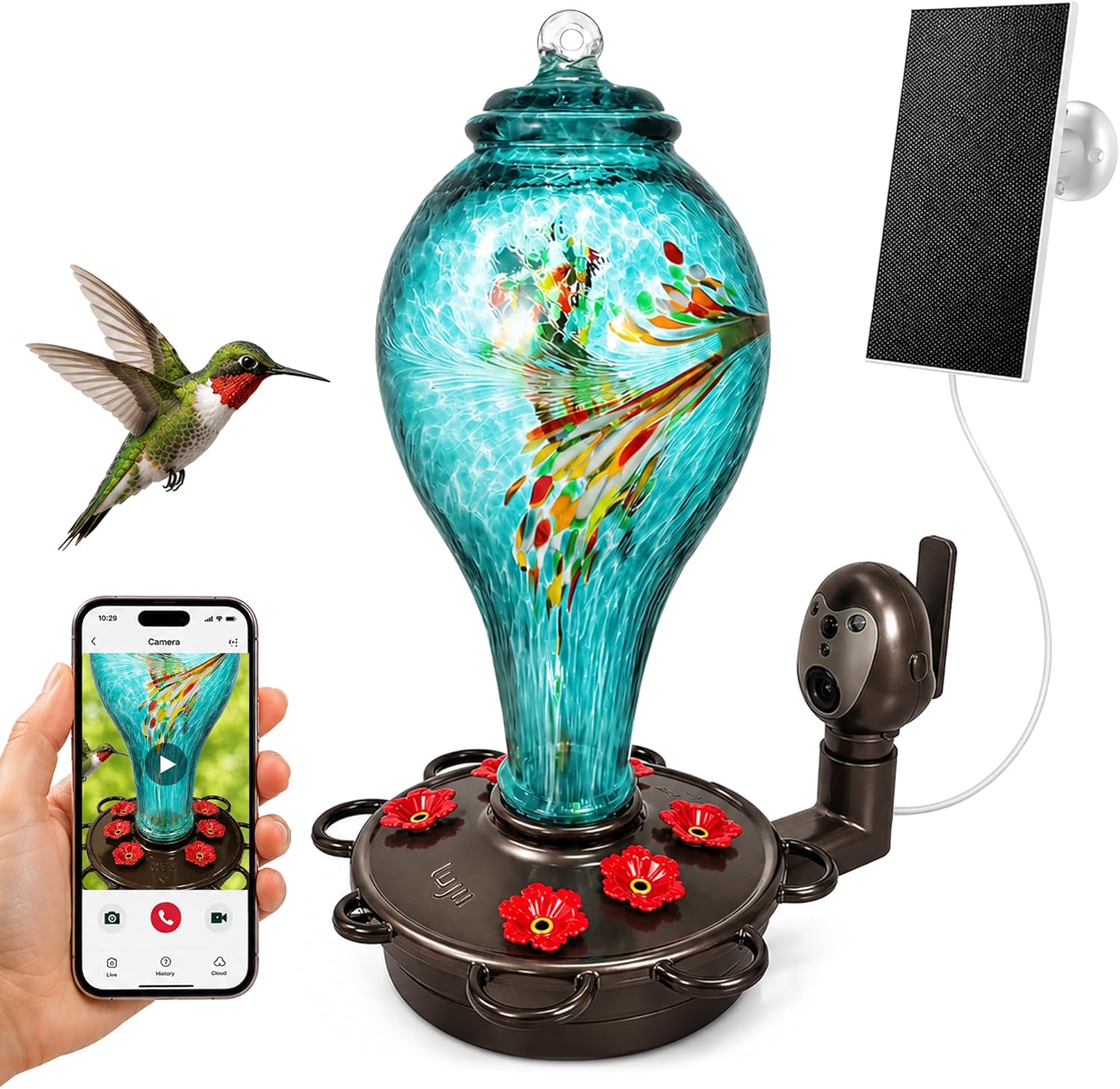 LUJII Hummingbird Feeder, Hand Blown Glass Hummingbird Feeder, Never Fade, 36 Fluid Ounces, 5 Feeding Metal Stations, Much Bigger, Garden Backyard Decorative, Containing Ant Moat (Blue)