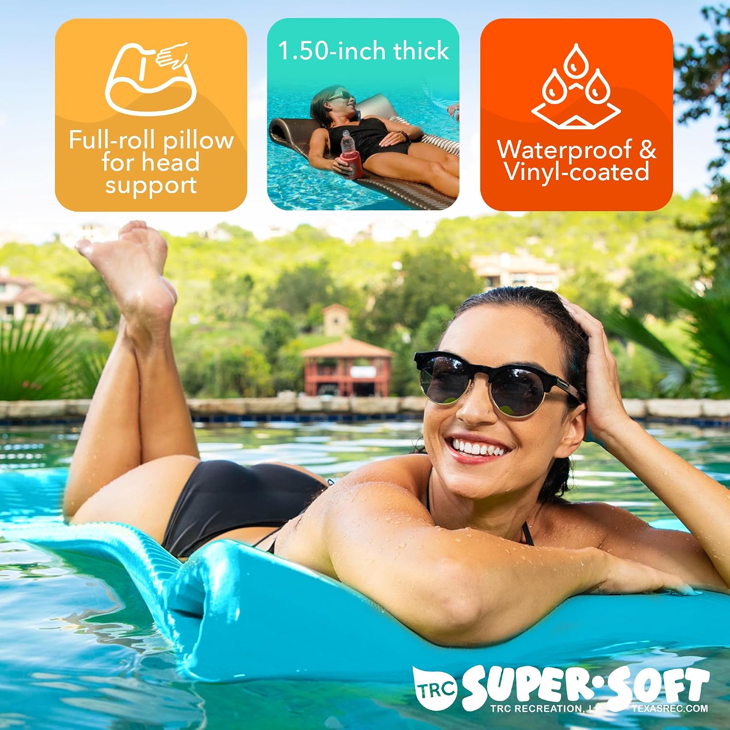 TRC Recreation Serenity 1.5” Thick Vinyl Coated Foam Swimming Pool Float Mat Adult Lounger with Built-in Roll Pillow