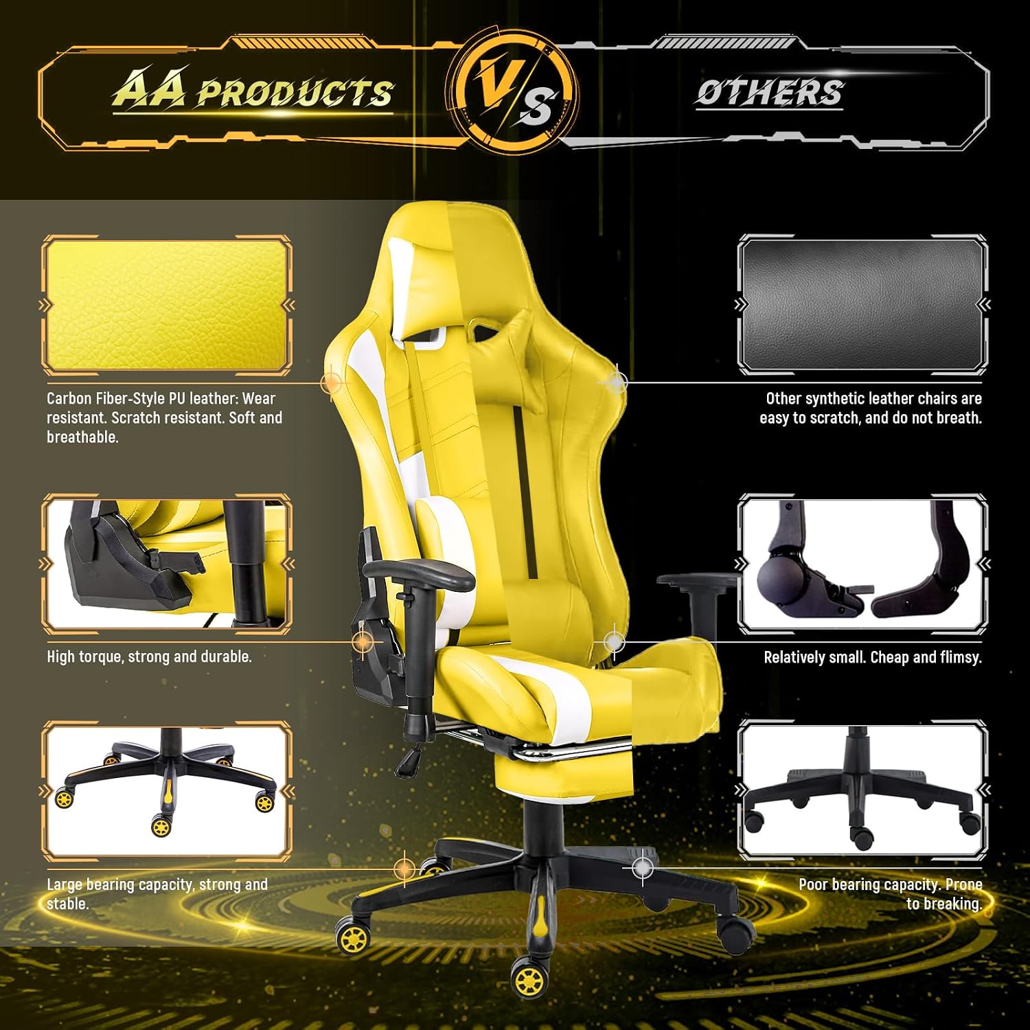 AA Products Gaming Chair Ergonomic High Back Computer Racing Chair Adjustable Office Chair with Footrest, Lumbar Support Swivel Chair - Black