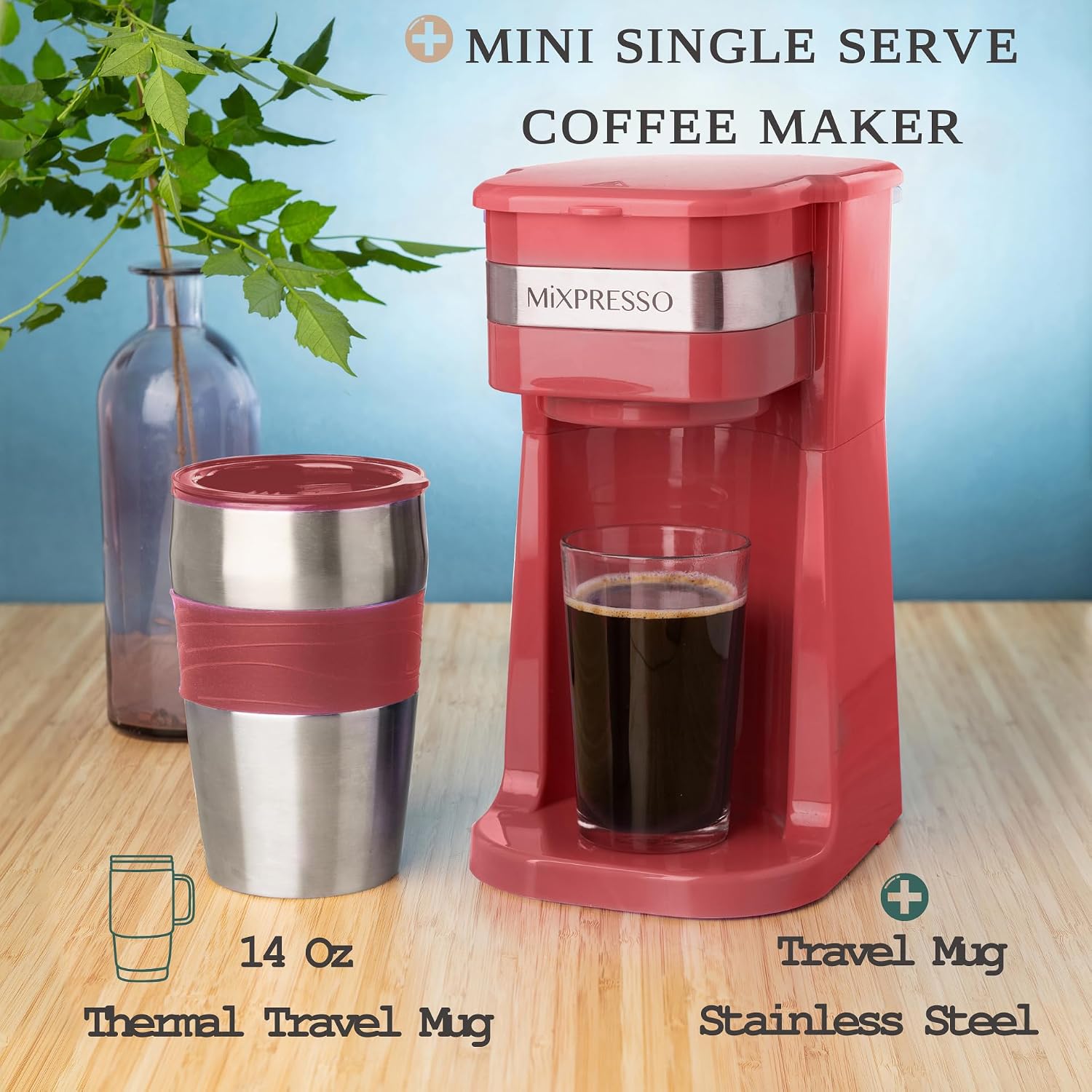 Mixpresso Single Serve & Single Cup Coffee Maker with 14oz Travel Mug Black | For ground coffee only, reusable filter, auto shut off. Compact personal drip coffee maker, not compatible with K-Cup pods.