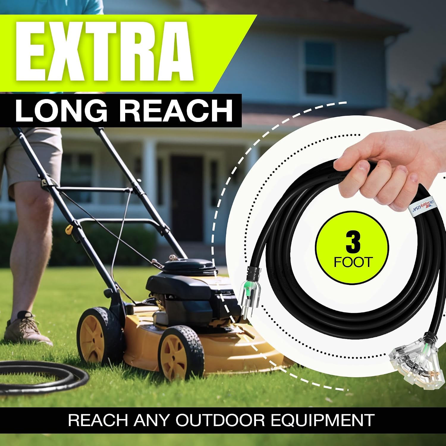 25ft Outdoor/Indoor Extension Cord 3-Outlet 12/3 Gauge Extra Heavy Duty 3 Prong SJTW, Waterproof, Flexible Cold-Resistant Long Power Cord,15A 125V 1875W, Yellow by LifeSupplyUSA