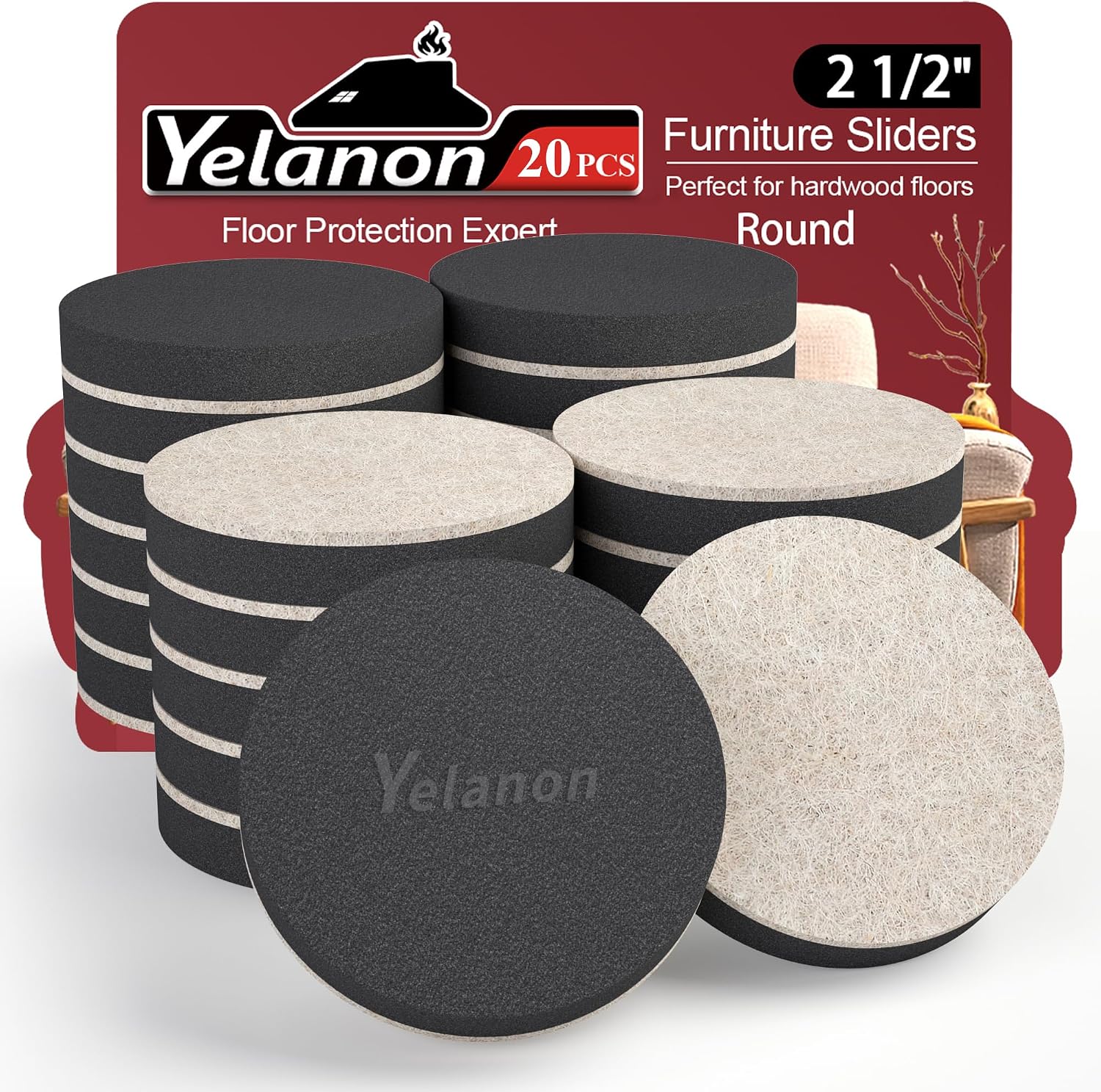 Yelanon Felt Furniture Sliders 20 Pcs 3.5" Round for Hardwood & Tile