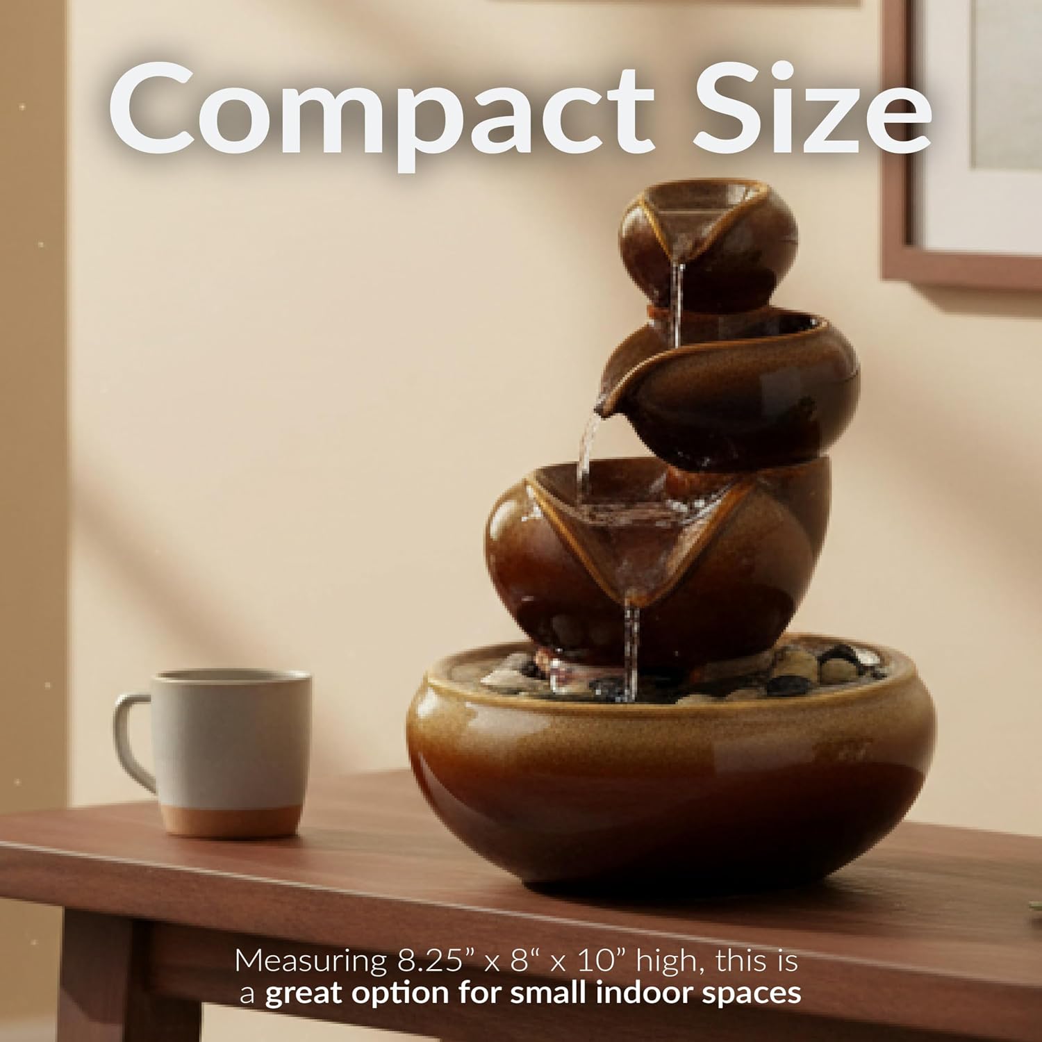 Sunnydaze 10" Tiered Vessels Ceramic Tabletop Fountain, Smooth Glaze, Brown