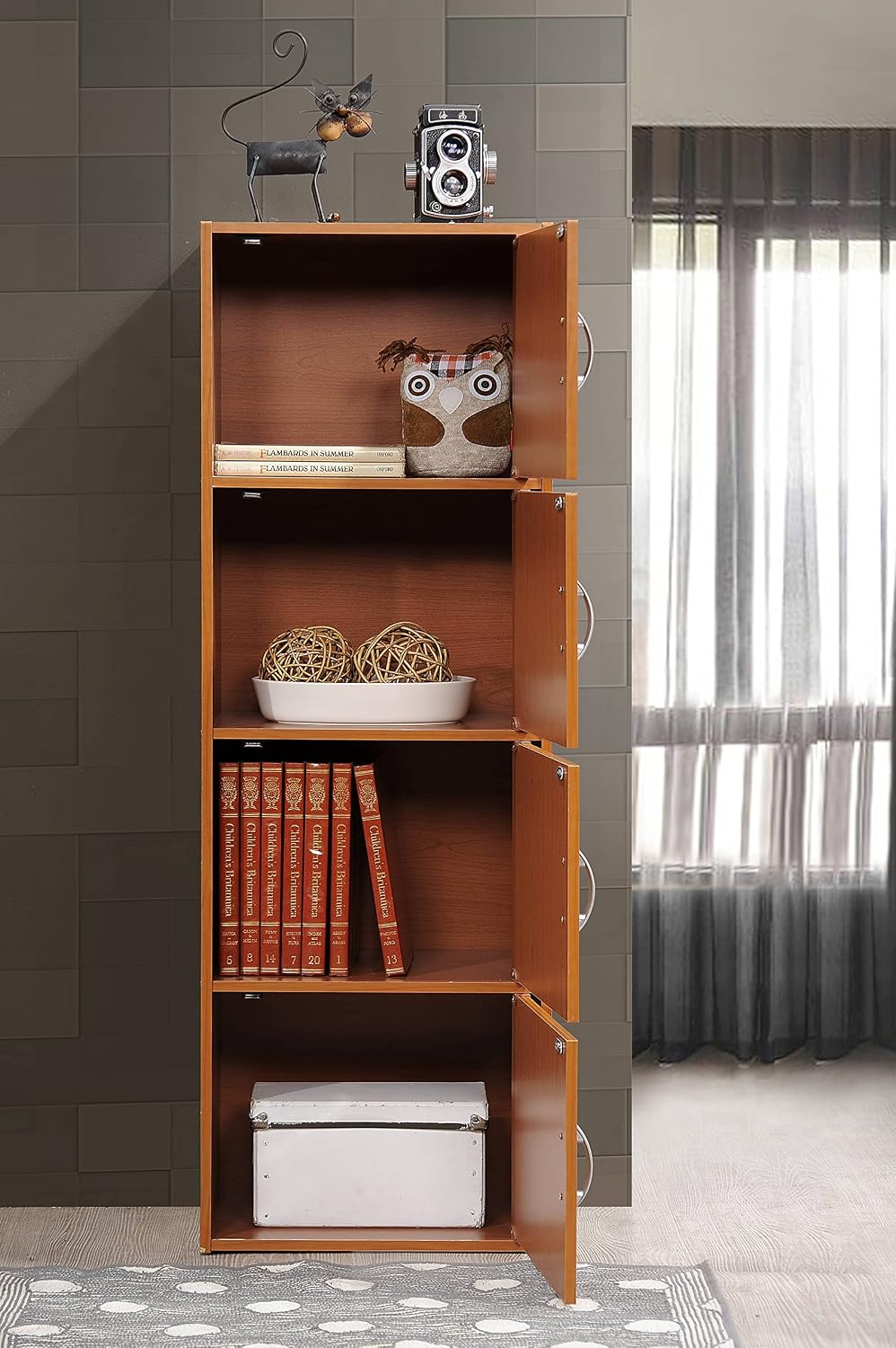 HODEDAH IMPORT 4-Shelf Bookcase Cabinet, Black
