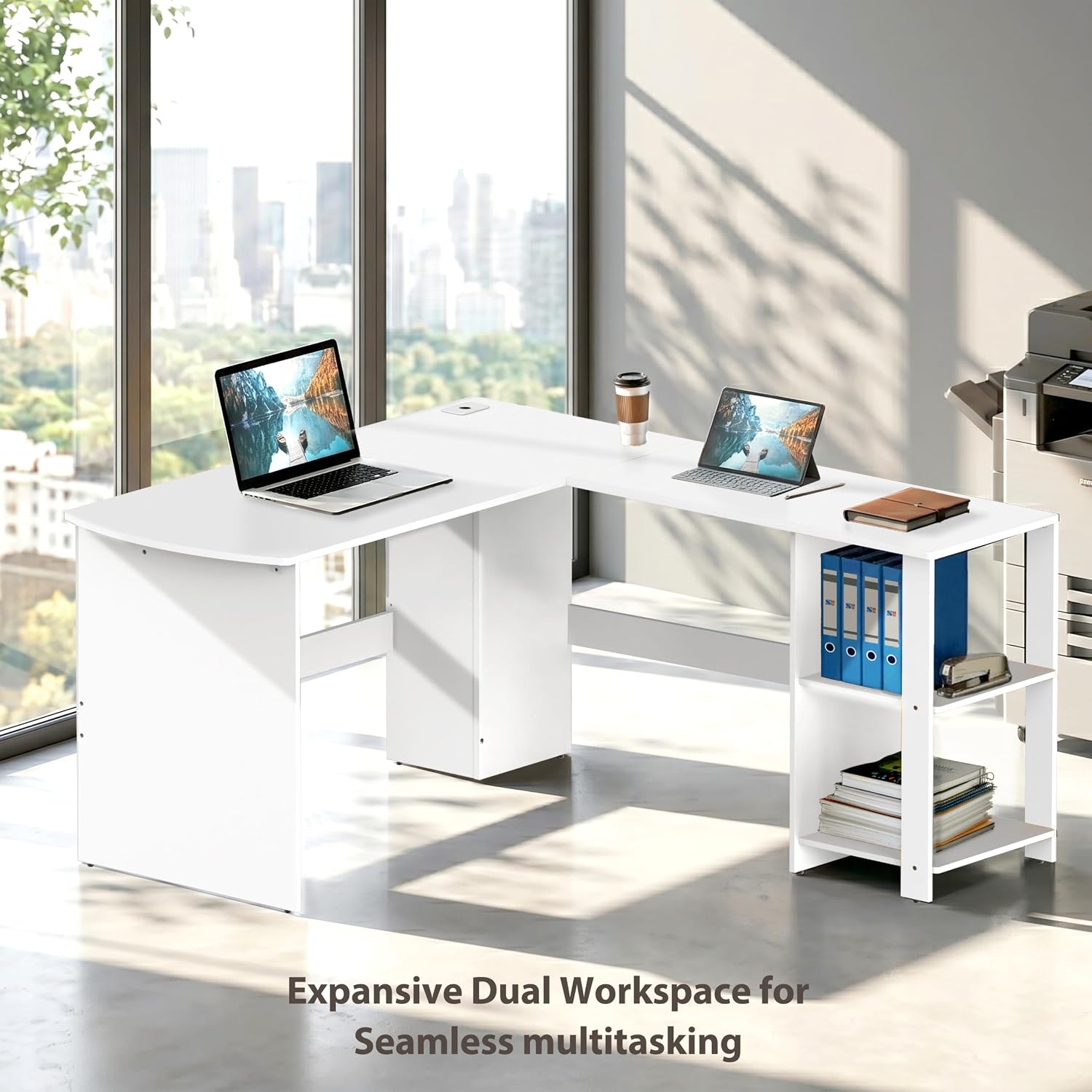 SHW 51 x 51 L-Shaped Home Office Wood Corner Desk with Storage, Espresso | Integrated Book Shelves
