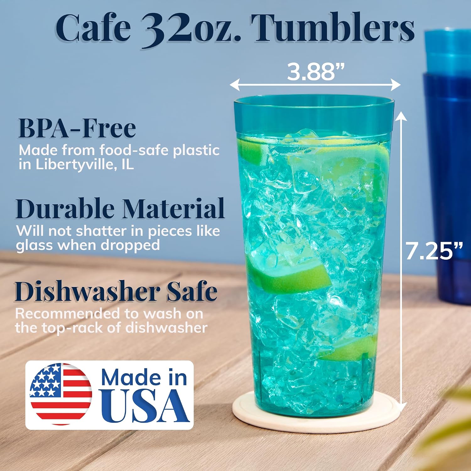 US Acrylic Cafe Plastic Reusable Tumblers (Set of 16) 20-ounce Water Cups Coastal Colors | Restaurant Style Drinking Glasses Value Set, Stackable, BPA-free, Made in the USA | Top-rack Dishwasher Safe