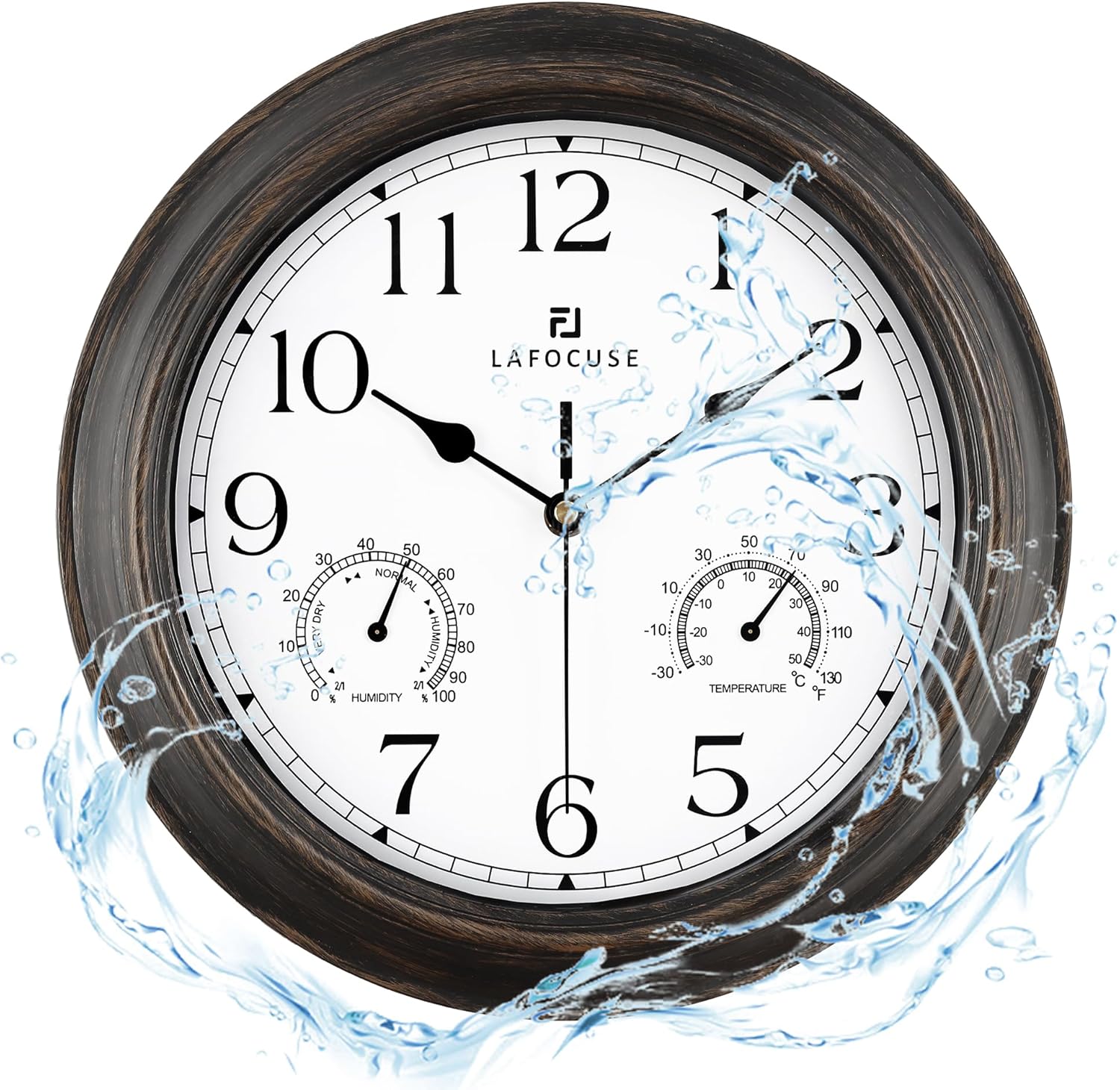 Lafocuse 12 Inch Brown Outdoor Wall Clocks with Temperature and Humidity
