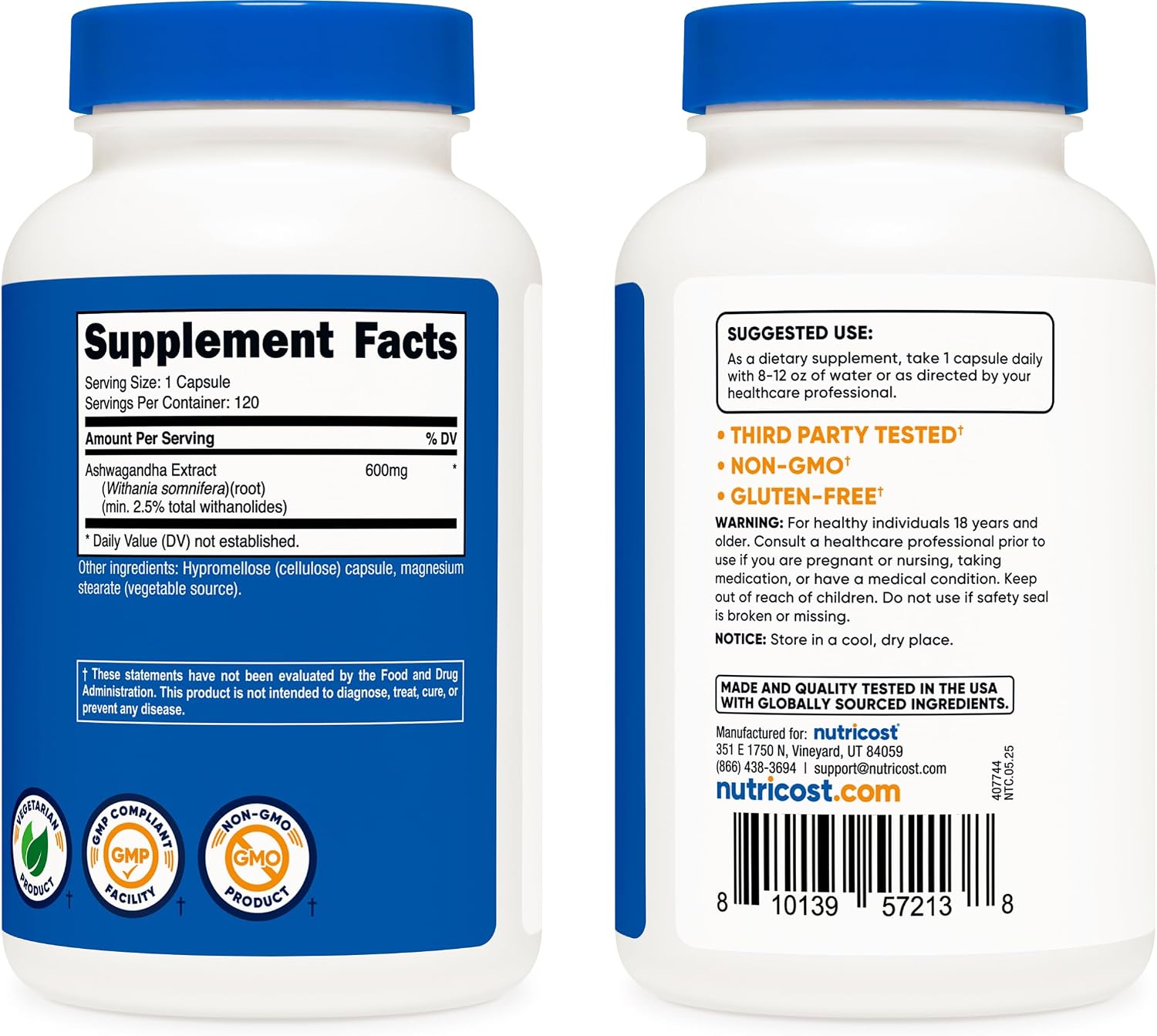 Nutricost Ashwagandha Herbal Supplement 600mg, 120 Capsules, Gluten-Free | Vegetarian, GMO-Free, Ashwagandha Root