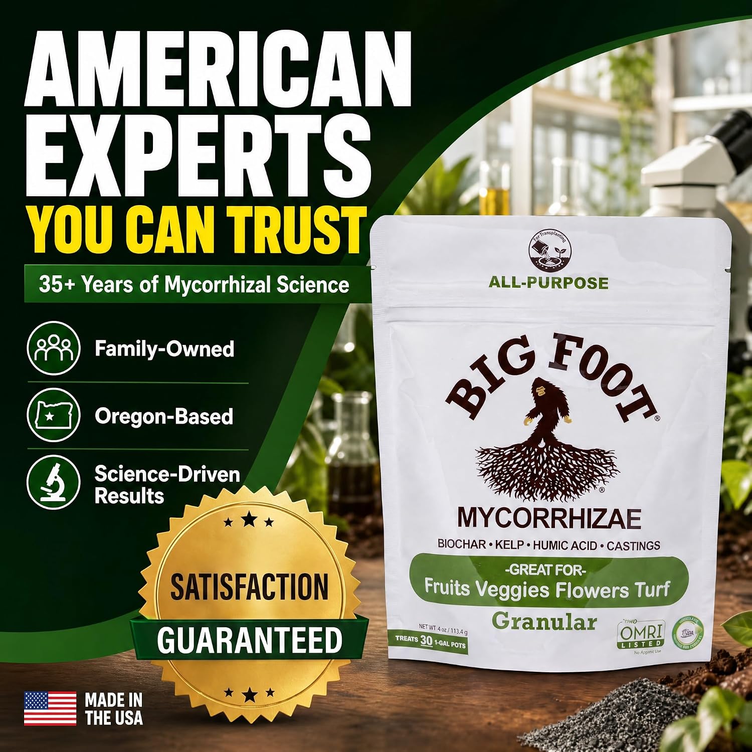 Big Foot Mycorrhizae - Double Your Plant Size, Easy to Use, Made in USA, Treats 30 Plants (7,500 Mycorrhizal Spores) Fertilizer, 4 Ounce Package (4 oz)