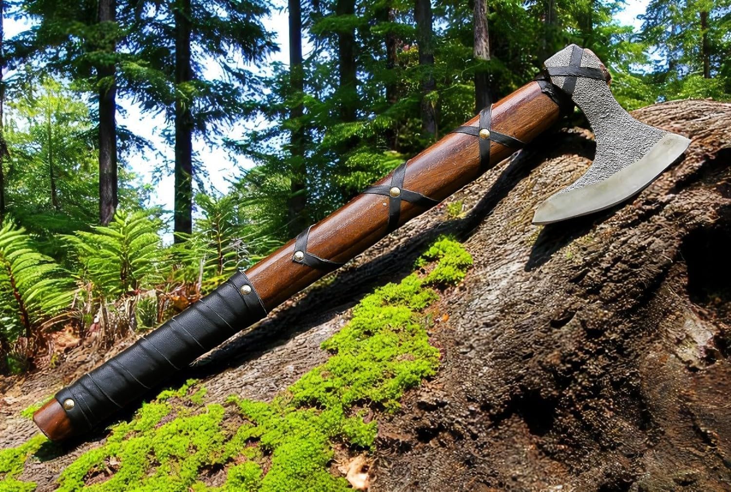 Poshland AX-7000 Custom Gift Forged Carbon Steel Viking Axe with Rose Wood Shaft, Viking Bearded Camping Axe