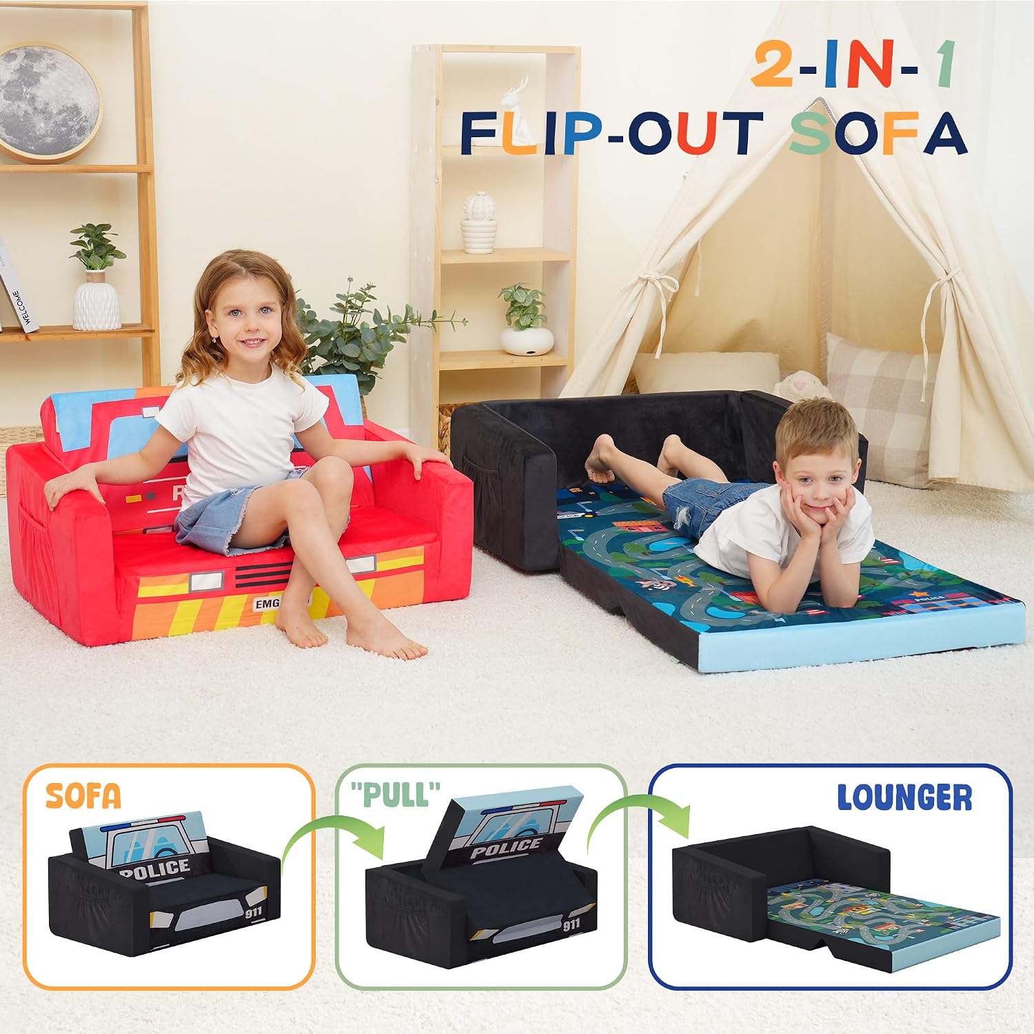 MallBest Kids Sofas Children's Sofa Bed Baby's Upholstered Couch Sleepover Chair Flipout Open Recliner(Red/Fire Truck)