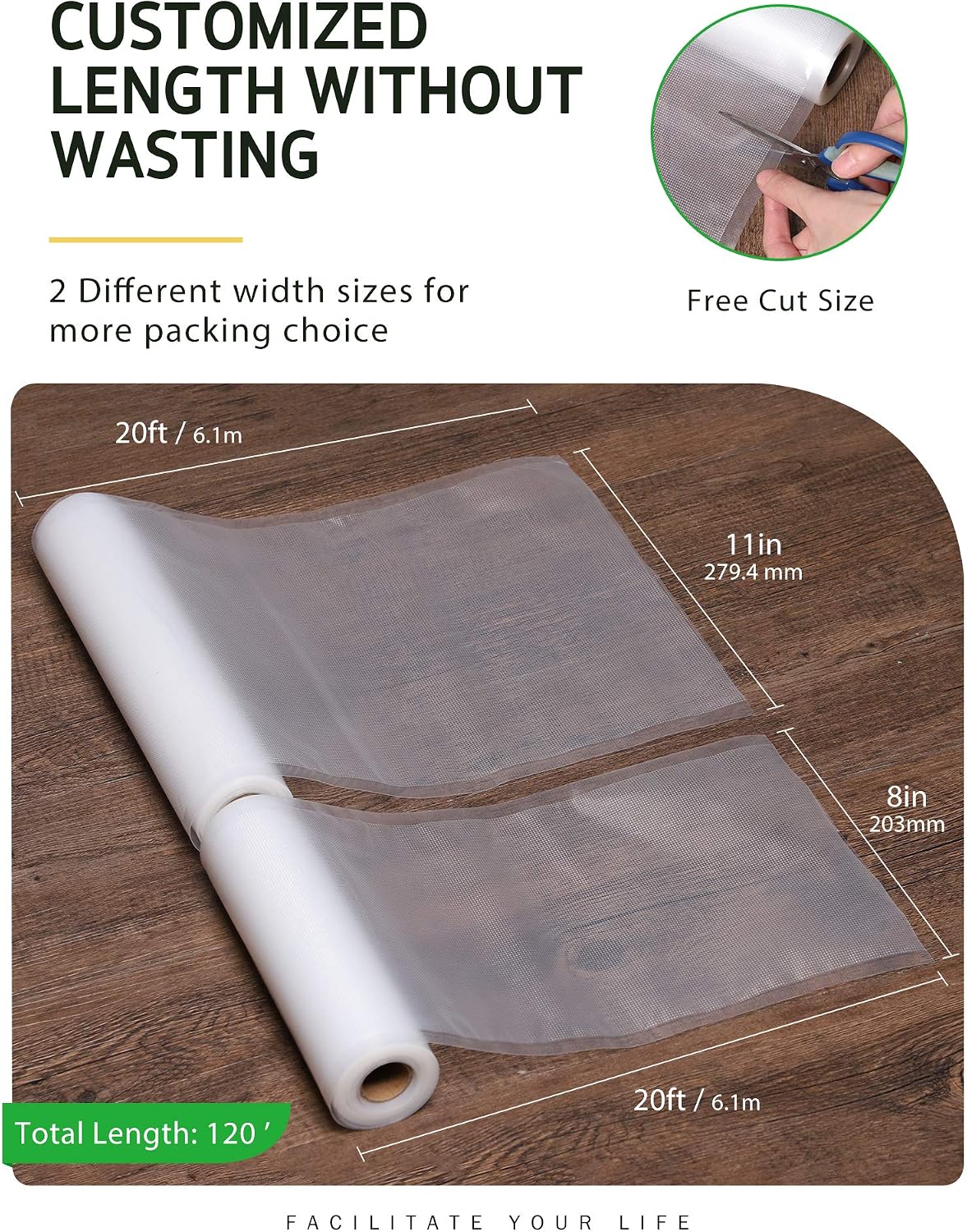 Syntus Vacuum Sealer Bags for Food, 3 Rolls 11" x 20' and 3 Rolls 8" x 20'