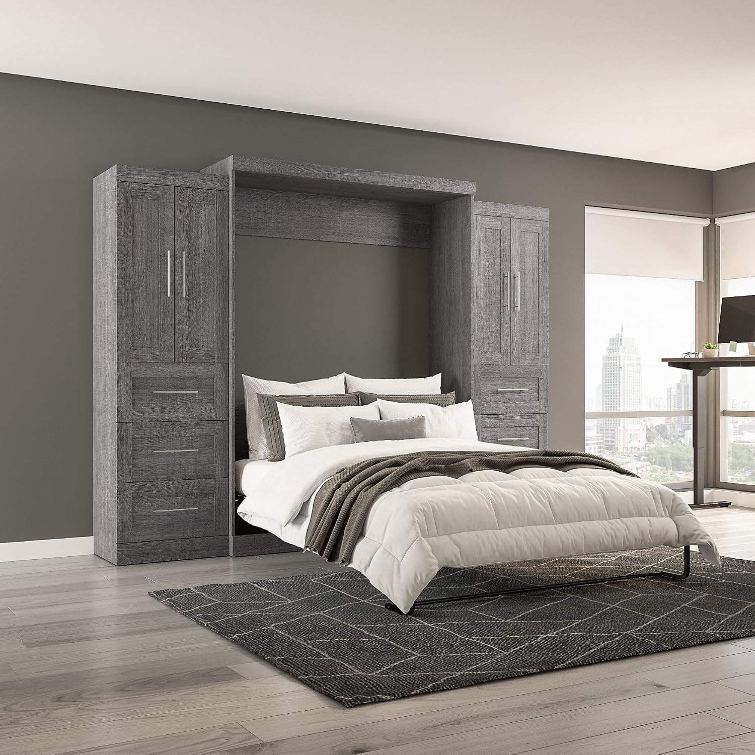 Bestar Pur Full Murphy Bed and 2 Shelving Units with Drawers, 109-inch Space-Saving Sleeping Arrangement in White | 2 Shelving Units with Drawers; supports up to 1000 lb; min. ceiling height 86.4 in.; dual piston mechanism; 10-year warranty