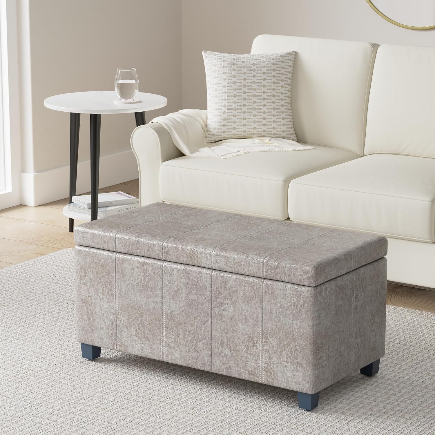 SIMPLIHOME Dover 36" Wide Vegan Leather Storage Ottoman in Midnight Black | Distressed umber brown, contemporary ottoman with lift-top and safety hinges; rectangle storage bench for living room.