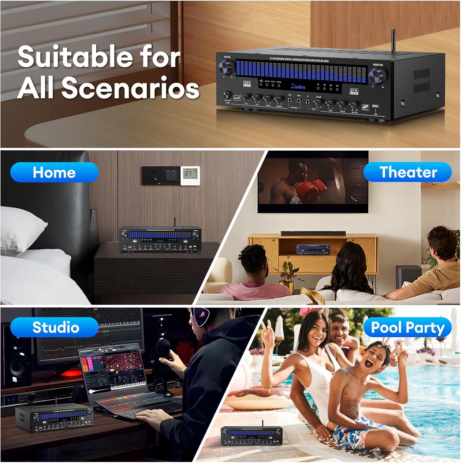 Daakro Stereo Receivers Home Audio Amplifier w/DSP Display, 300W Rated Power 5.1 Channel Bluetooth Receiver