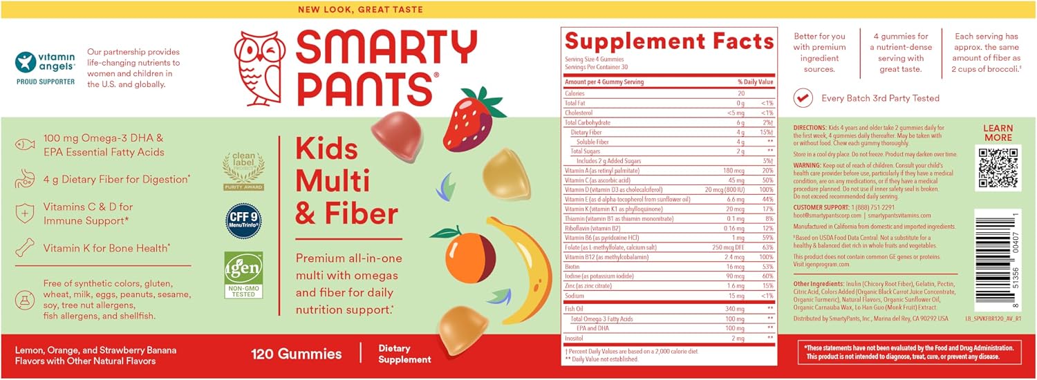 SmartyPants Kids Multivitamin Gummies and Fiber Supplement: Vitamin D3, C, Vitamin B12, B6, A, Zinc, Biotin, Inositol, Fiber Gummies, Three Fruit Flavors, 120 Count (30 Day Supply)