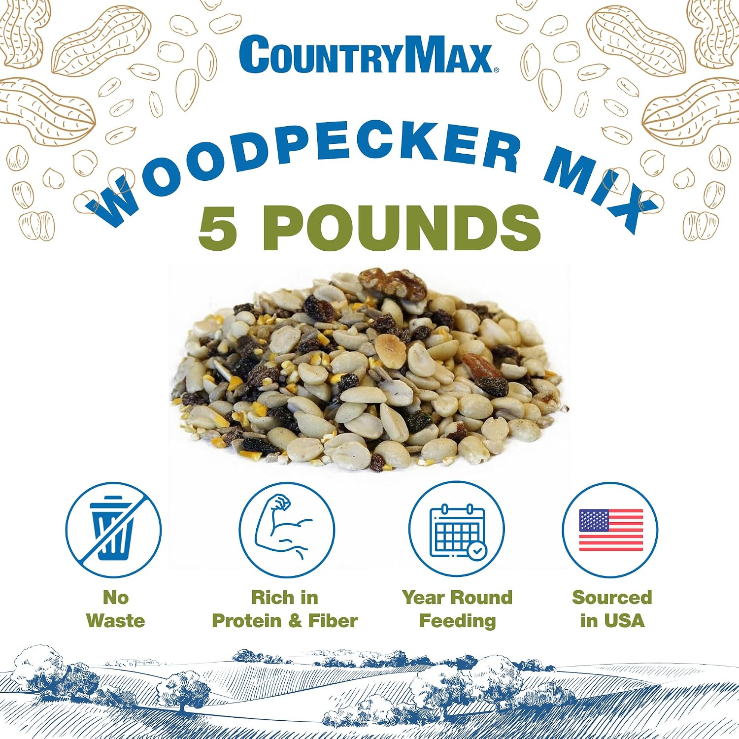 Backyard Seeds Woodpecker No-Waste Bird Seed Mix 5lbs - Premium Shelled Peanuts & Sunflower Chips, Small Bag of Wild Bird Food
