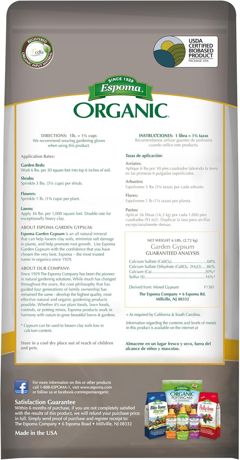Espoma Organic Garden Gypsum Soil Conditioner, All-Natural & pelletized mined Gypsum with no fillers or additives. Helps Loosen Clay Soil