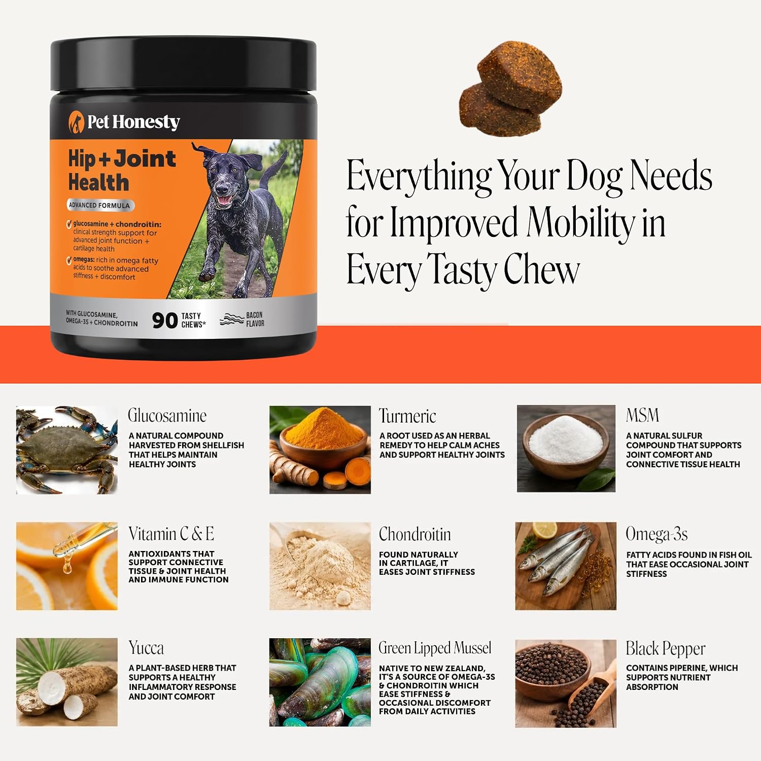 Hip + Joint Supplement for Dogs with Glucosamine Chondroitin - MSM, Turmeric & Collagen Soft Chews - Joint Function, Stiffness, and Mobility Support, May Reduce Occasional Discomfort (Chicken, 90 Ct)