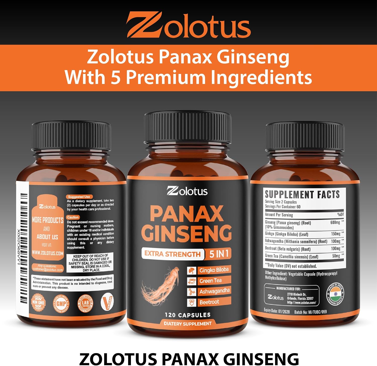 Zolotus Korean Red Panax Ginseng + Ginkgo Biloba, Ashwagandha, Beetroot, Green Tea - 120 Capsules for 2 Month Supply