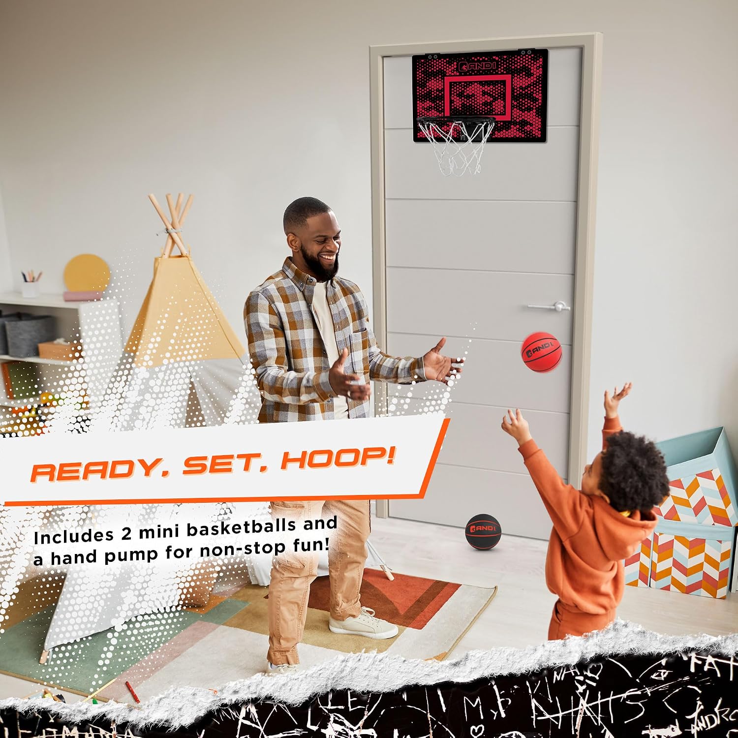 AND1 Over the Door Mini Basketball Hoop: 18x12 Shatterproof Backboard, 2 Mini Basketballs