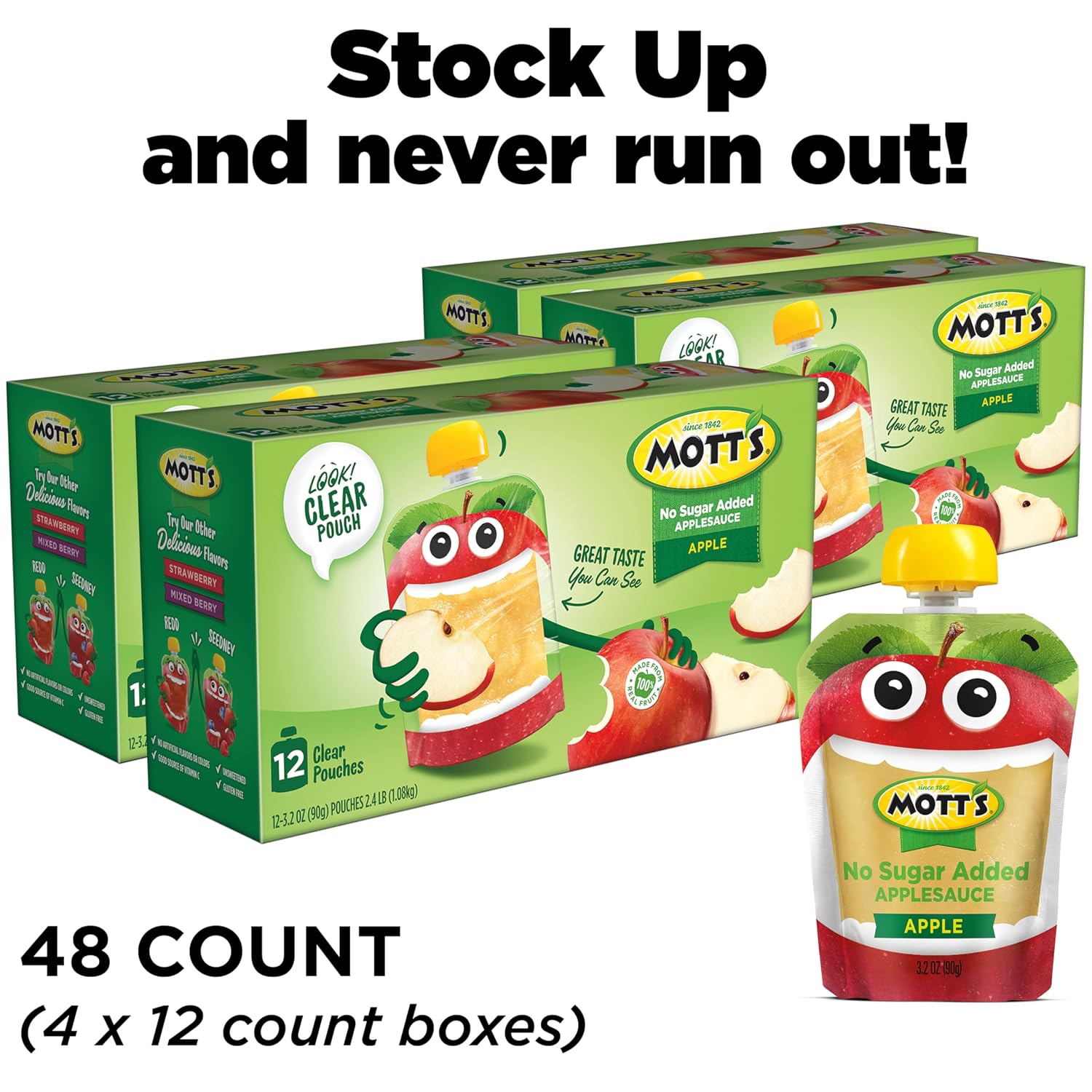 Mott's No Sugar Added Applesauce, 3.2 Oz Clear Pouches, 48 Count (4 Packs Of 12), Good Source Of Vitamin C, No Artificial Flavors