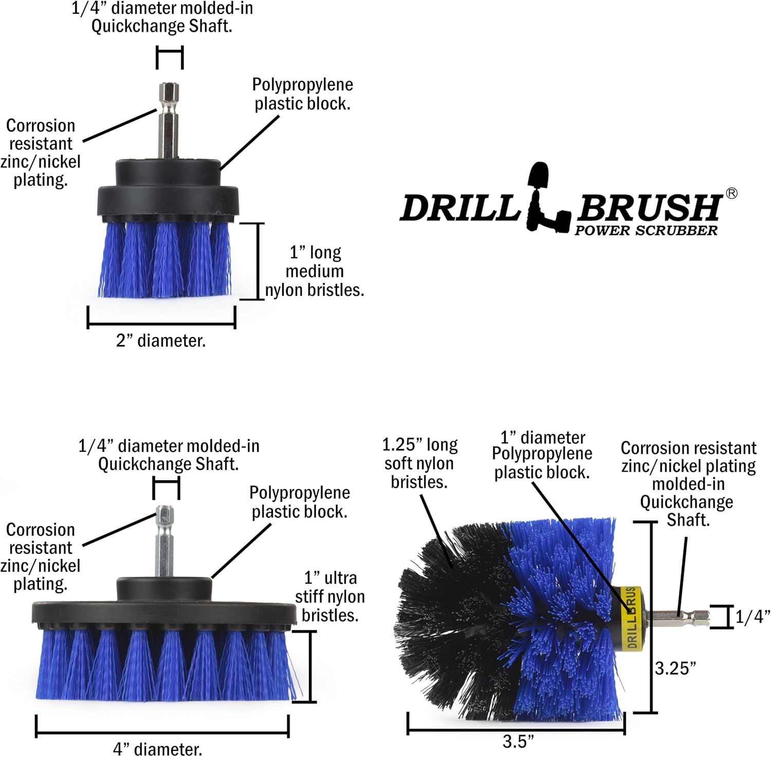 Drillbrush Drill Brush Attachment Set for Bathroom, Tile & Grout Cleaning | Power Scrubber Brush Kit for Bathtub & Shower - All-Purpose Household Cleaning Brushes for Drill - Electric Grout Cleaner Kit