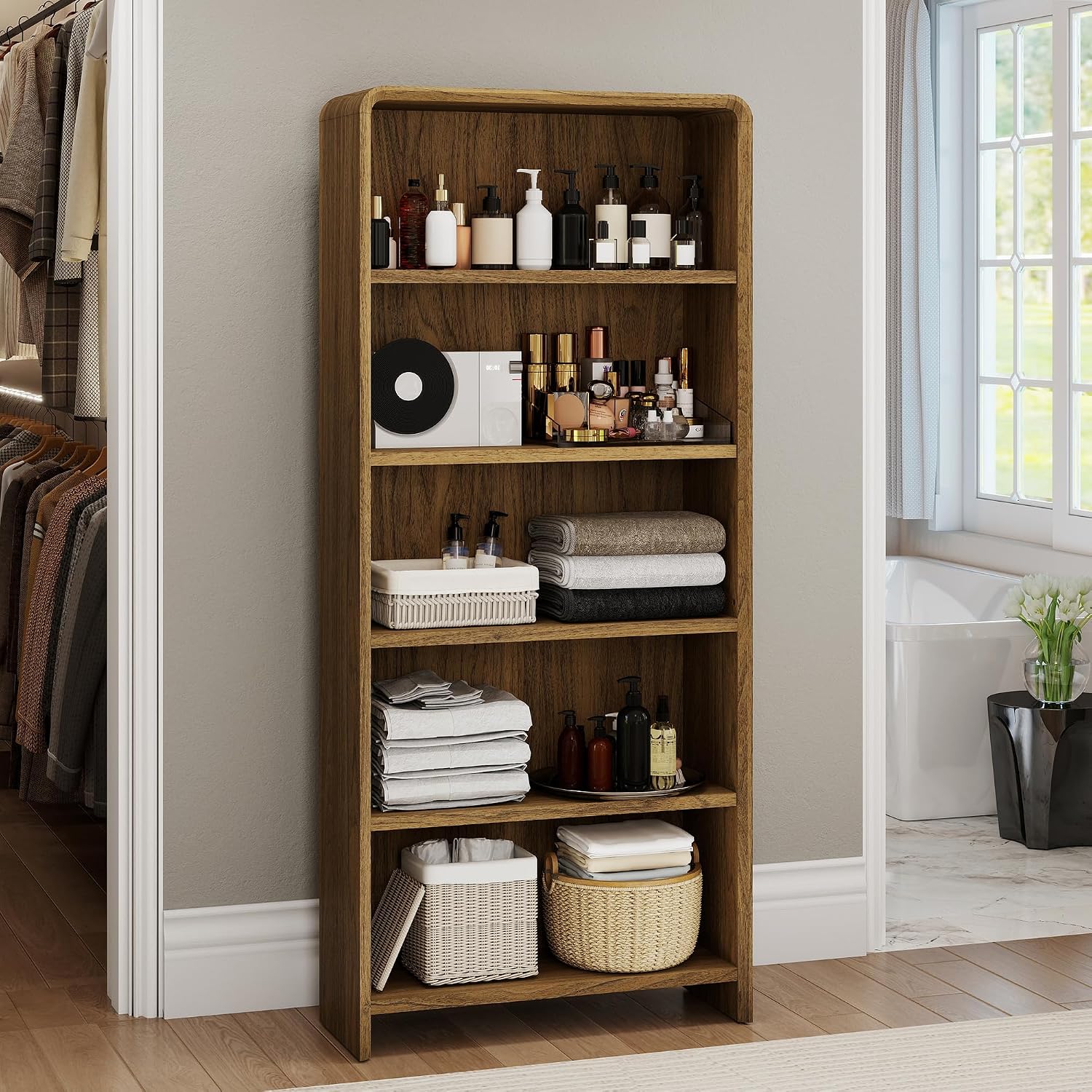 Bevfint 44" Bookcase Tall 3 Shelves Wood Bookshelf with Curved Soft Edges, Heavy Duty Storage Cabinet for Professional Home Office and Living Room, Modern Natural Oak Grain Finish