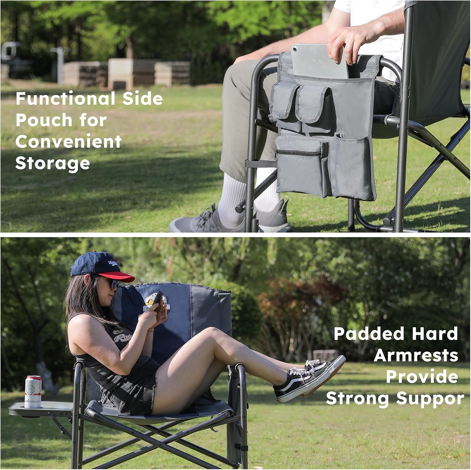 Colegence Oversized Directors Camping Chair for Adults, 600 lb, Black | Heavy duty folding outdoor chair with 28" wide seat, supportive back, side table, cup holder and detachable storage pocket