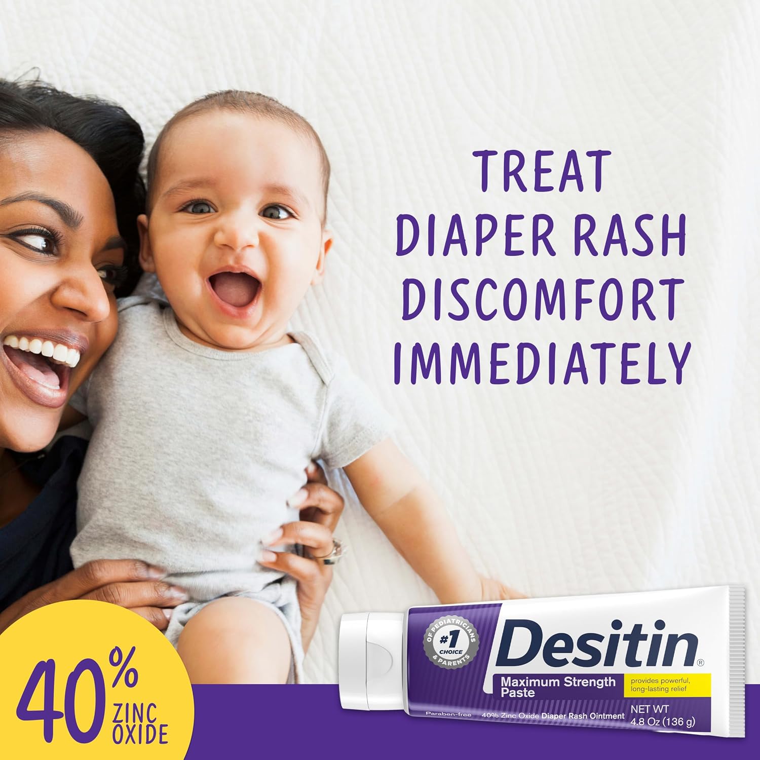 Desitin Maximum Strength Diaper Rash Paste, 40% Zinc Oxide, 4.8 oz | Helps Treat, Relieve & Prevent Diaper Rash, 40% Zinc Oxide, Immediate Relief, Protects up to 12 Hours, Hypoallergenic
